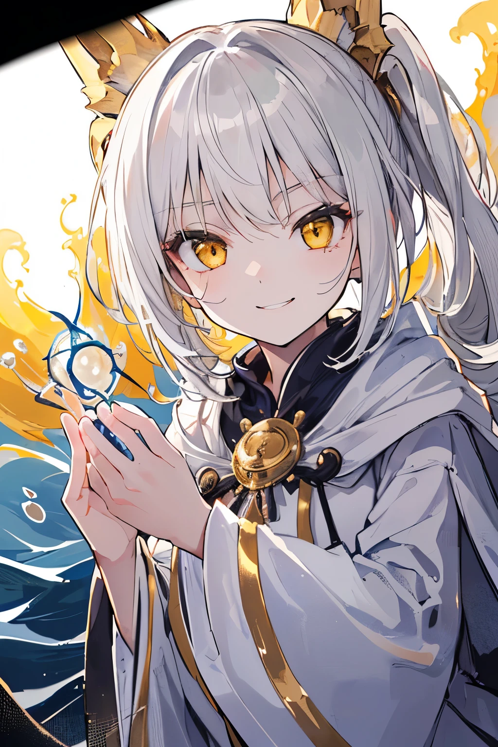 (((1girl))), ((best quality)), ((masterpiece)), ((ultra-detailed)), (illustration), (detailed light), (an extremely delicate and beautiful), (beautiful detailed eyes), (sunlight), ((extremely light)),  ((extremely clothes)), (((hyper detail))),(((((front lighting))))),(((((front light))))),

((((quite adorable Sorcerer's robe)))), (((sorcerer))),
, 

high twin pig tails, ((((white silver hair)))), 
(((yellow gold eyes))), 

(((whole body))), aged 8 to 12, 
((condescending expression)), ((mischievous smile with sexual satisfaction)),  (((extra adorable))), (((extra slender shape))), 
(((extremely beautiful detailed face))),

(((using a magic of shock waves))), 
(((((Dutch angle))))),