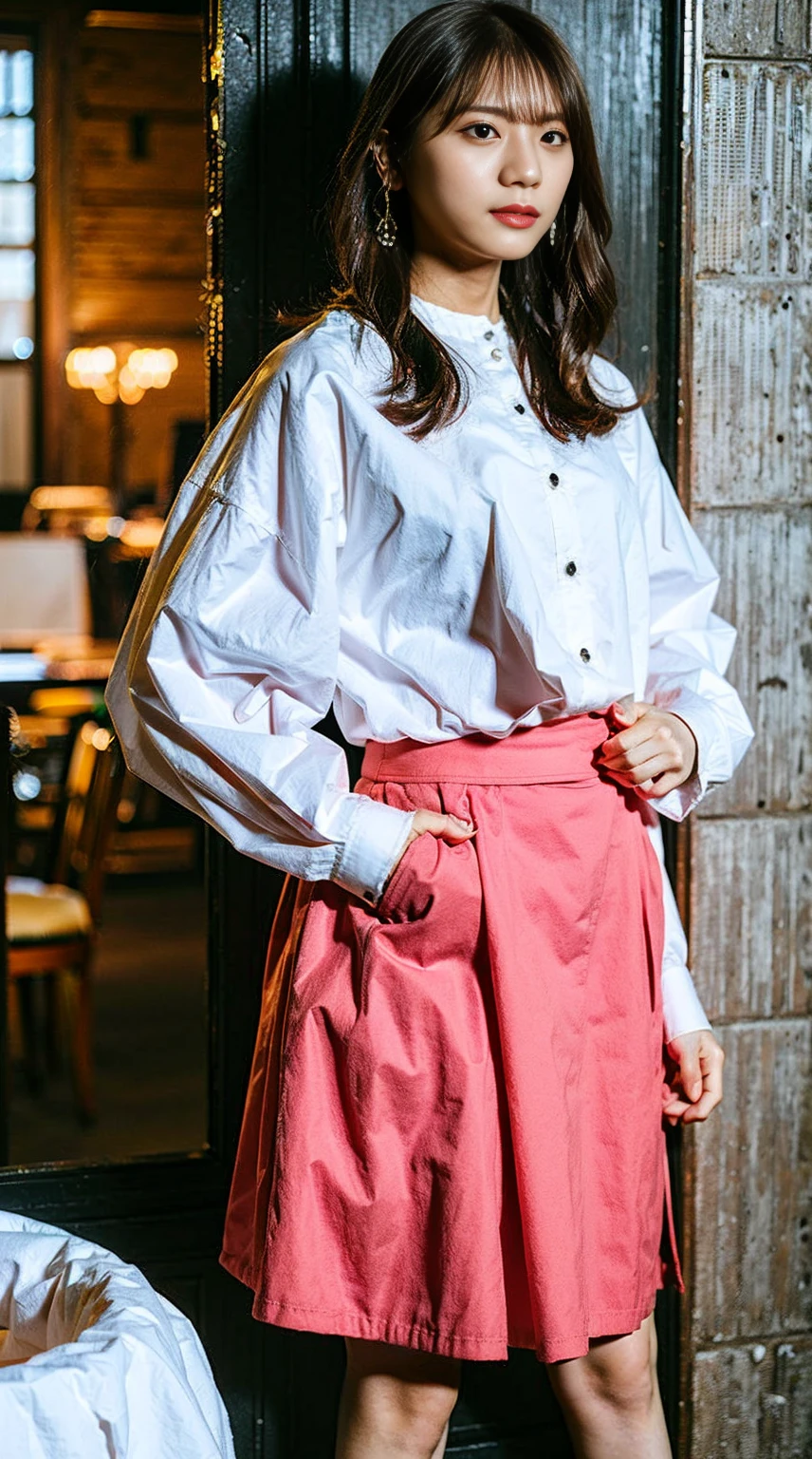 masterpiece, great work, whole body, 1 girl,  mini skirt, blush, bracelet, beautiful breasts, , gradient hair, long hair, looking at the audience, loose earrings, checked skirt, red eyes, ring, smile, alone,  fashion, woman, vitality,  take a pose, front, colorful,concentrated、whole body画像(1:5）、thin legs、Are standing、put your hands on your hips、idol costume、boots、whole body画像、Chest emphasis、pink costume、stand with legs apart
