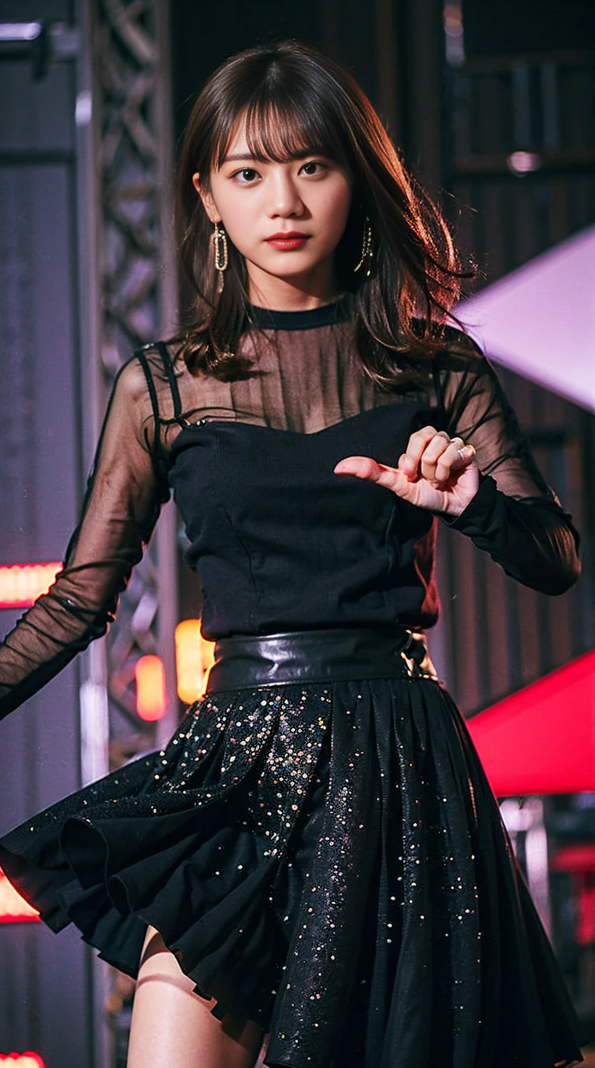 masterpiece, great work, whole body, 1 girl,  mini skirt, blush, bracelet, beautiful breasts, , gradient hair, long hair, looking at the audience, loose earrings, checked skirt, red eyes, ring, smile, alone,  fashion, woman, vitality,  take a pose, front, colorful,concentrated、whole body画像(1:5）、thin legs、Are standing、put your hands on your hips、idol costume、boots、whole body画像、Chest emphasis、pink costume、stand with legs apart