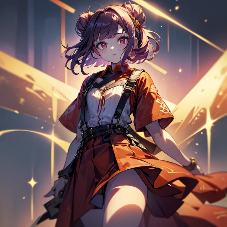 highest quality,High resolution,masterpiece,Two dimensions,young girl,cute,small breasts,bun hair,fine hair,short bob,(Curled hair tips),purple hair,part of bangs braided,sparkling orange eyes,Slender eyes,((complicated clothes,(red linen clothes,Part of the chest has a white design),black suspenders,big black belt,skirt,fine decoration))