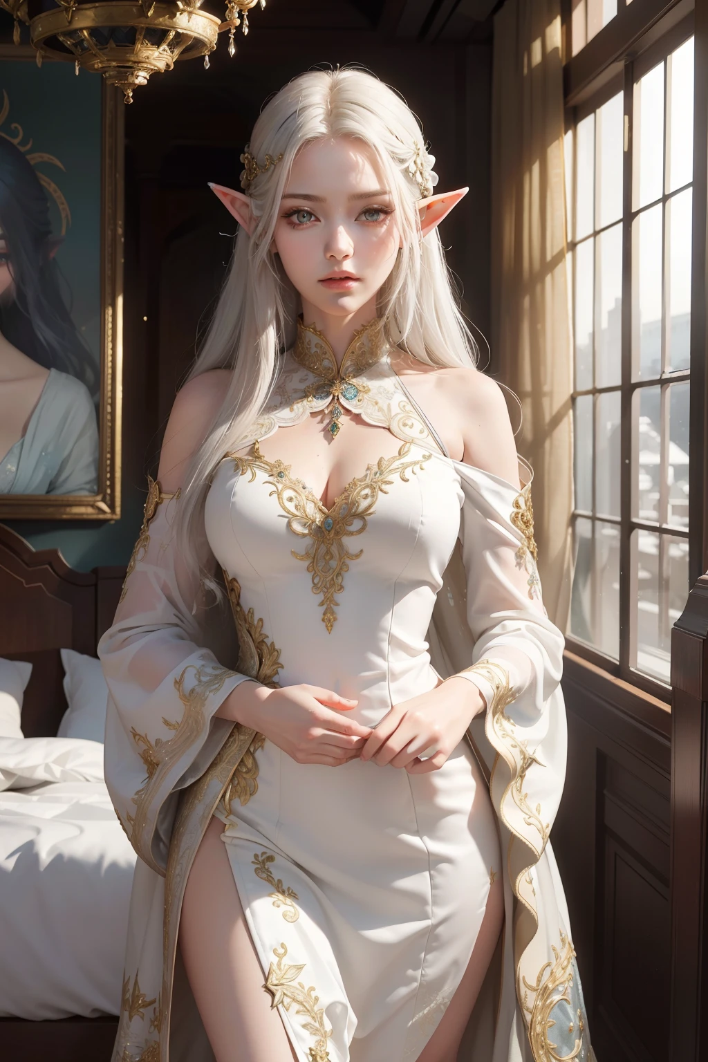 A beautiful elf woman, adorned with golden eyes that shimmered with a mysterious intensity, and cascading white hair that was artfully arranged, framing her delicate features, stands gracefully in a tranquil bedroom setting. The RPG art, rendered in an anime style, depicts her wearing an intricately designed dress that hugs her slender figure, with a flowing train that drifts gently on the floor, suggestive of an air of regality. Her attire is detailed and meticulously crafted, with delicate embroidery and shimmering threads that reflect the light, making each thread stand out in the high-resolution image. The intricate patterns on her dress flow seamlessly