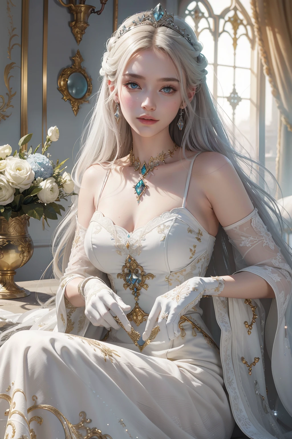 White goddess blue eyes in human shape、beautiful body of a flower of a very attractive age with white lower hair,,,,,,,Wearing a white dress,Smiling inside a magnificent palace made of white stone,Looking back in front of the throne, sitting in the throne, crossing legs with long dress