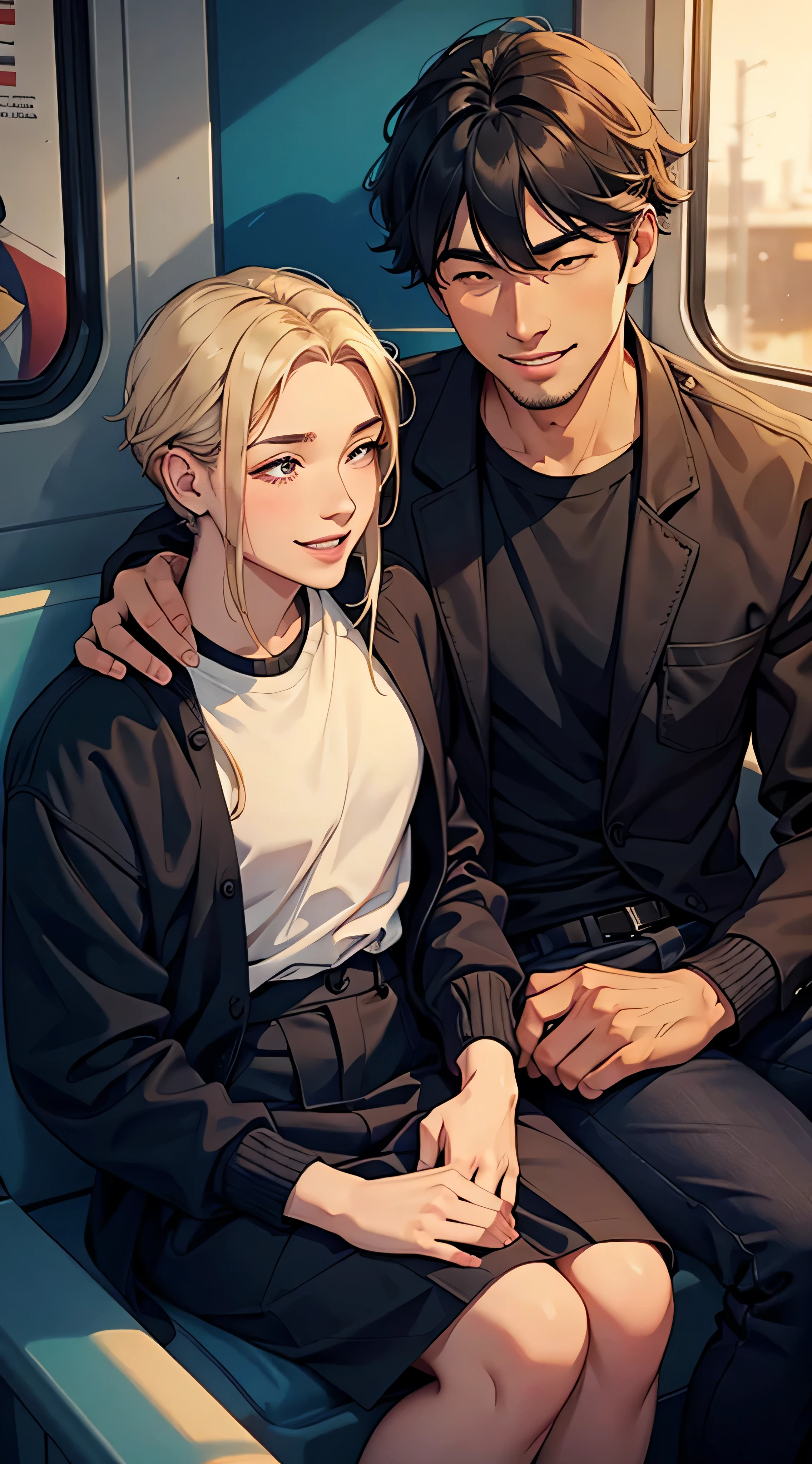  The father smiling warmly at his 24 year old son's excitement, emphasizing their close relationship. inside the train where they are sitting