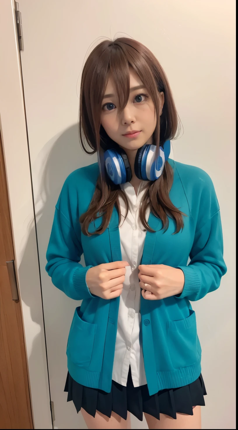 Miku Nakano, Miku Nakano, long hair, bangs, blue eyes, brown hair, shirt, hair between eyes, headphones, cardigan, headphones around neck,
break skirt, shirt, long sleeve, white shirt, pantyhose, pleated skirt, black pantyhose, cardigan, green skirt, blue cardigan