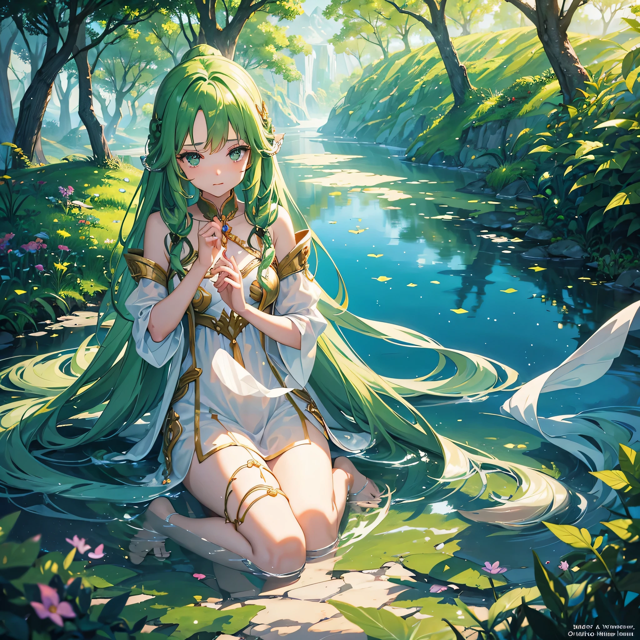 Imagine e ilustre una escena cautivadora en la que aparezca una joven de cabellos heterosexuales., By the chestnut, una frente visible, encantadores ojos verdes, y adornado en un largo, vestido fluido. Transporta a este personaje a un mundo isekai., donde navega por paisajes desconocidos, Find magical creatures and discover the mysteries of your new reality. Capture the essence of your journey and the unique charm of the fantastical kingdom you now call home..