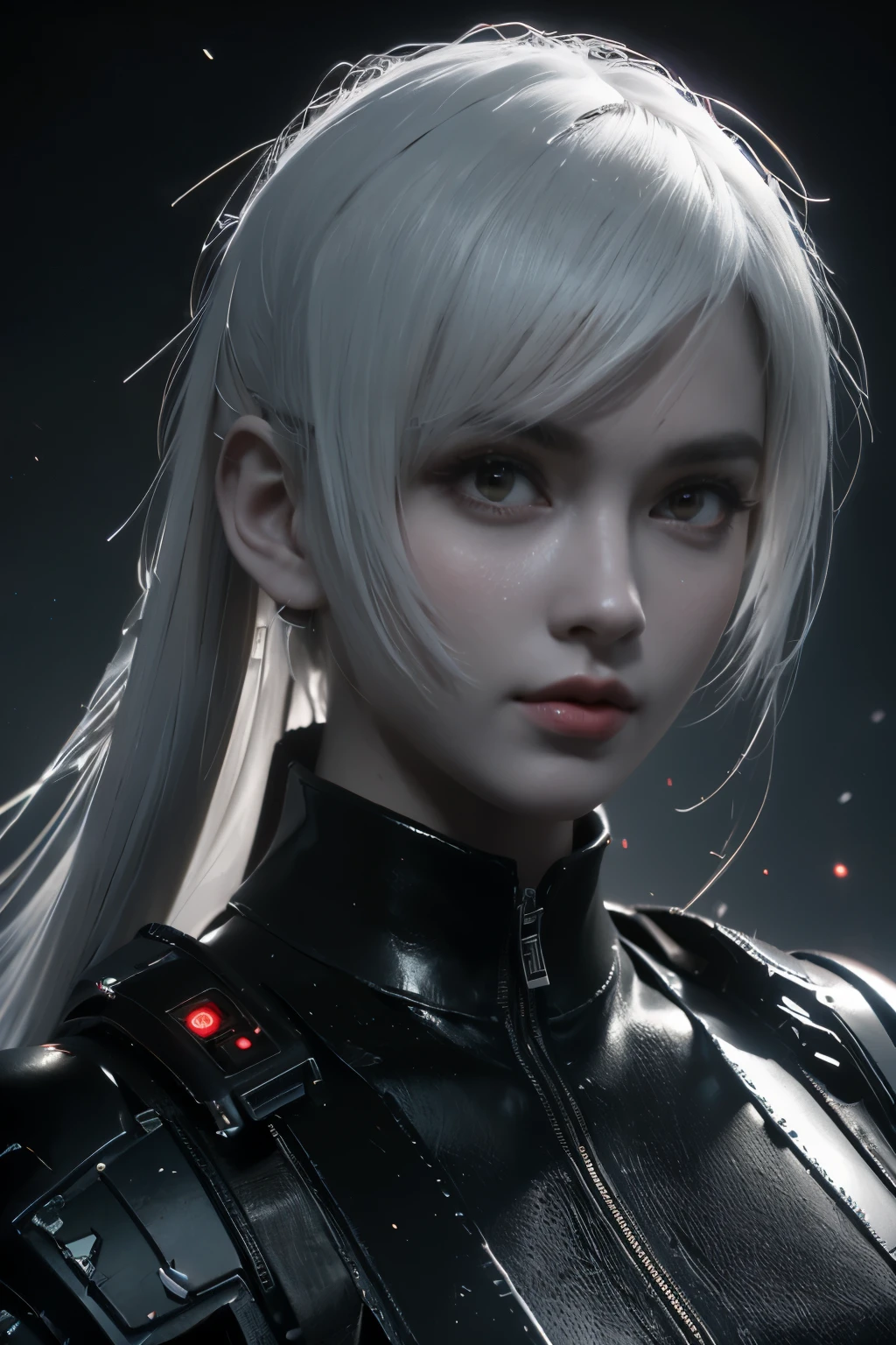 Game art，The best picture quality，Highest resolution，8K，(A bust photograph)，(Portrait)，(Head close-up:1.5)，(Rule of thirds)，Unreal Engine 5 rendering works， (The Girl of the Future)，(Female Warrior)， 22岁少女，(Female hackers)，(White and red gradient，Ancient Oriental hairstyle)，((The pupils of the red eyes:1.3))，(A beautiful eye full of detail)，(Big breasts)，(Eye shadow)，优雅迷人，冷漠，((Anger))，(Cyberpunk jacket full of futuristic look，Joint Armor，There are exquisite Chinese patterns on the clothes，A flash of jewellery)，赛博朋克人物，未来风格， 拍照姿势，城市背景，Movie lights，Ray tracing，Game CG，((3D Unreal Engine))，oc渲染反射纹