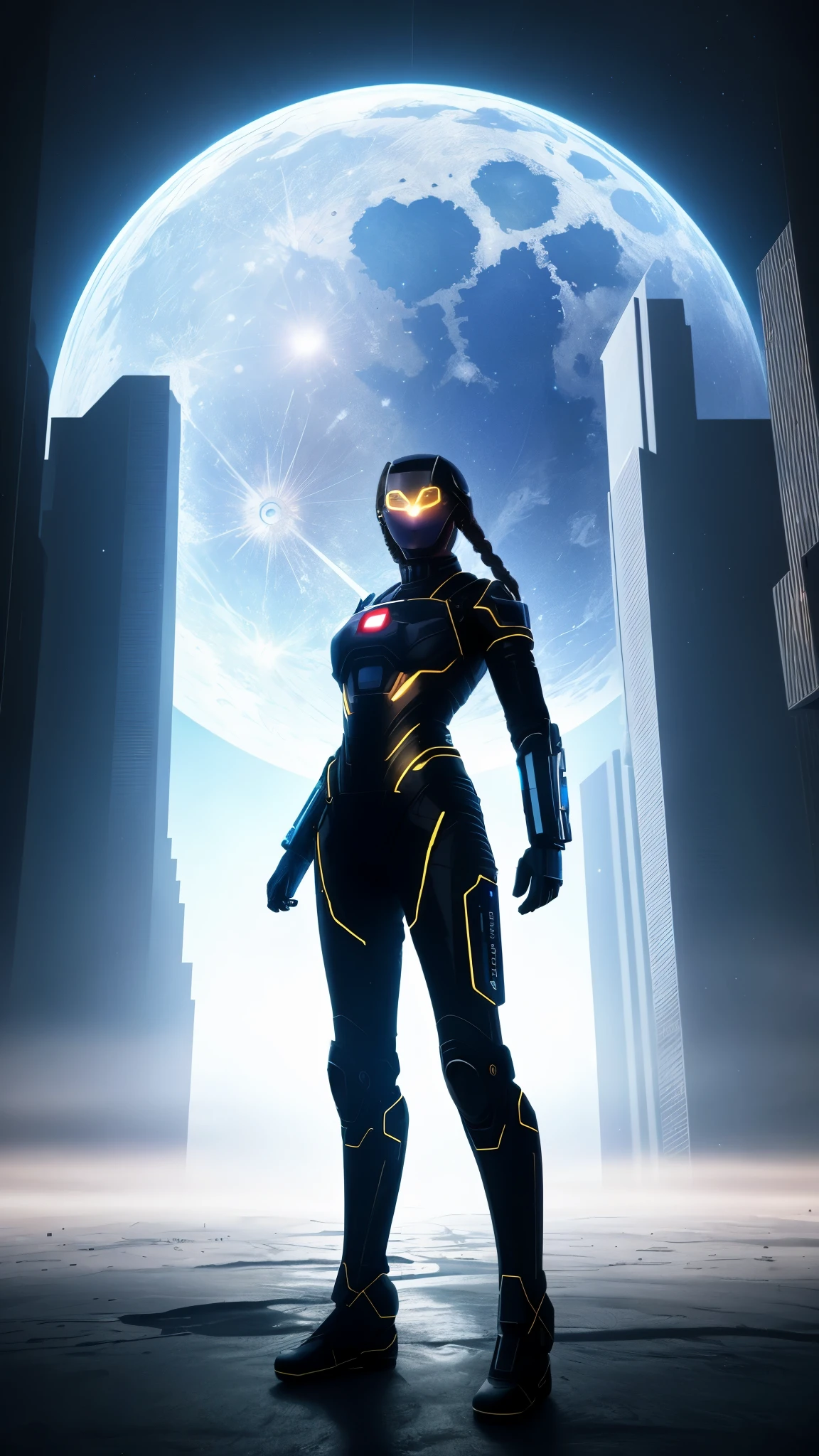 (Full Shot Body: 1.4) Photo of android woman on the moon, masterpiece, (realism: 1.4), 最high quality, beautiful lighting, braided hairstyles, ray tracing, space background, (highly detailed background, 複雑in忙しい背景: 0.8), Earth in the background, clear focus, volumetric fog, 8K UHD, Digital single-lens reflex camera, high quality, film grain, photo realism, lomography, in (a huge metropolis in a future dystopia), seen from below, translucent , (HDR: 1.2), March