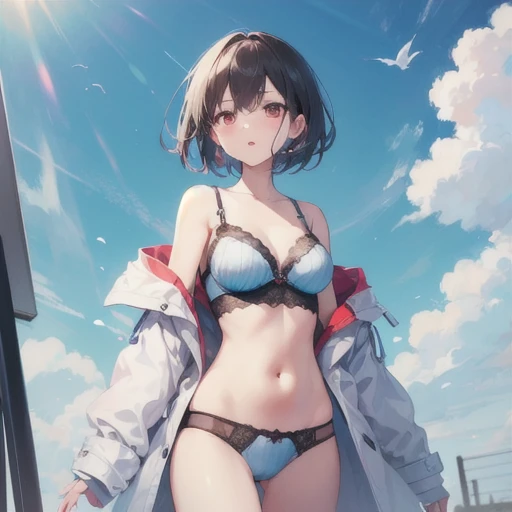 Look up at the camera，One has sky blue shoulder-length short hair，Wearing a white coat，Reveals pink lace lingerie，JK girl with light blue lace。Standing painting style。Show belly button。red eyes。Open your mouth slightly。Breeze in the wind