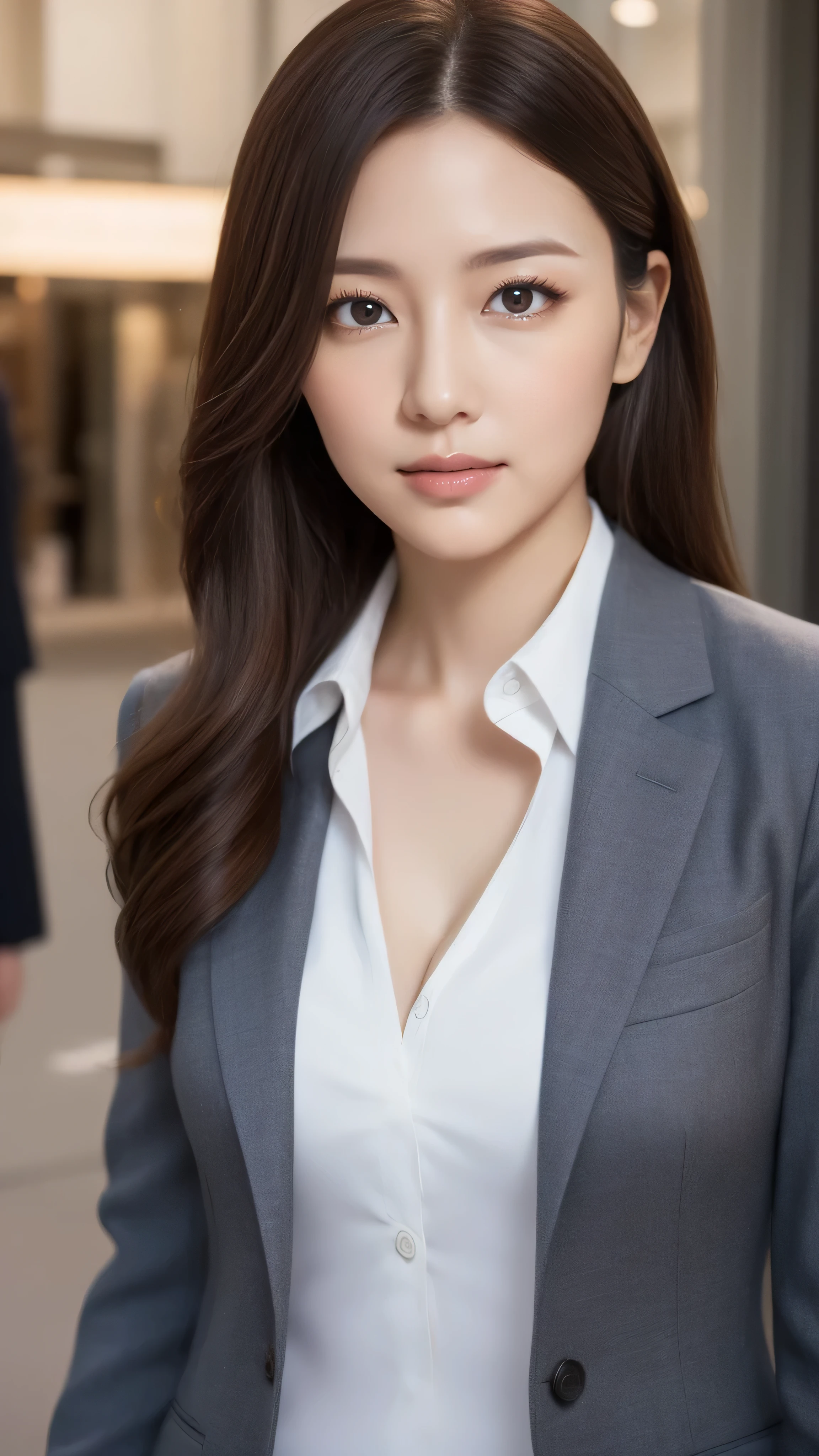 (1 person),Hostess face、Expressionless、30 years old、Married woman、Business attire、High quality、Super realistic、Married womanの体型、日本人のMarried woman、 perfect eyes、Shining beautiful skin、Shopping district、Above the chest