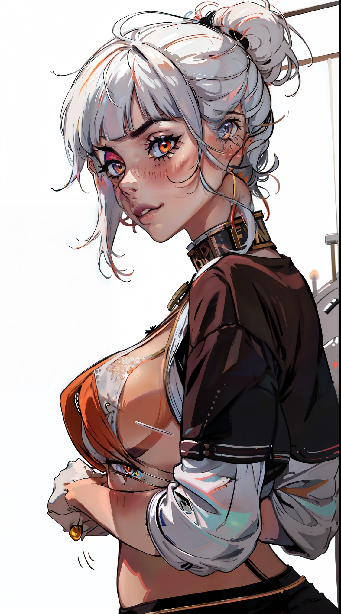 (masterpiece:1.2),  absurdres, 1girl, oversized breast, blushing, orange eyes,  white hair, front view, (white background:1.2)