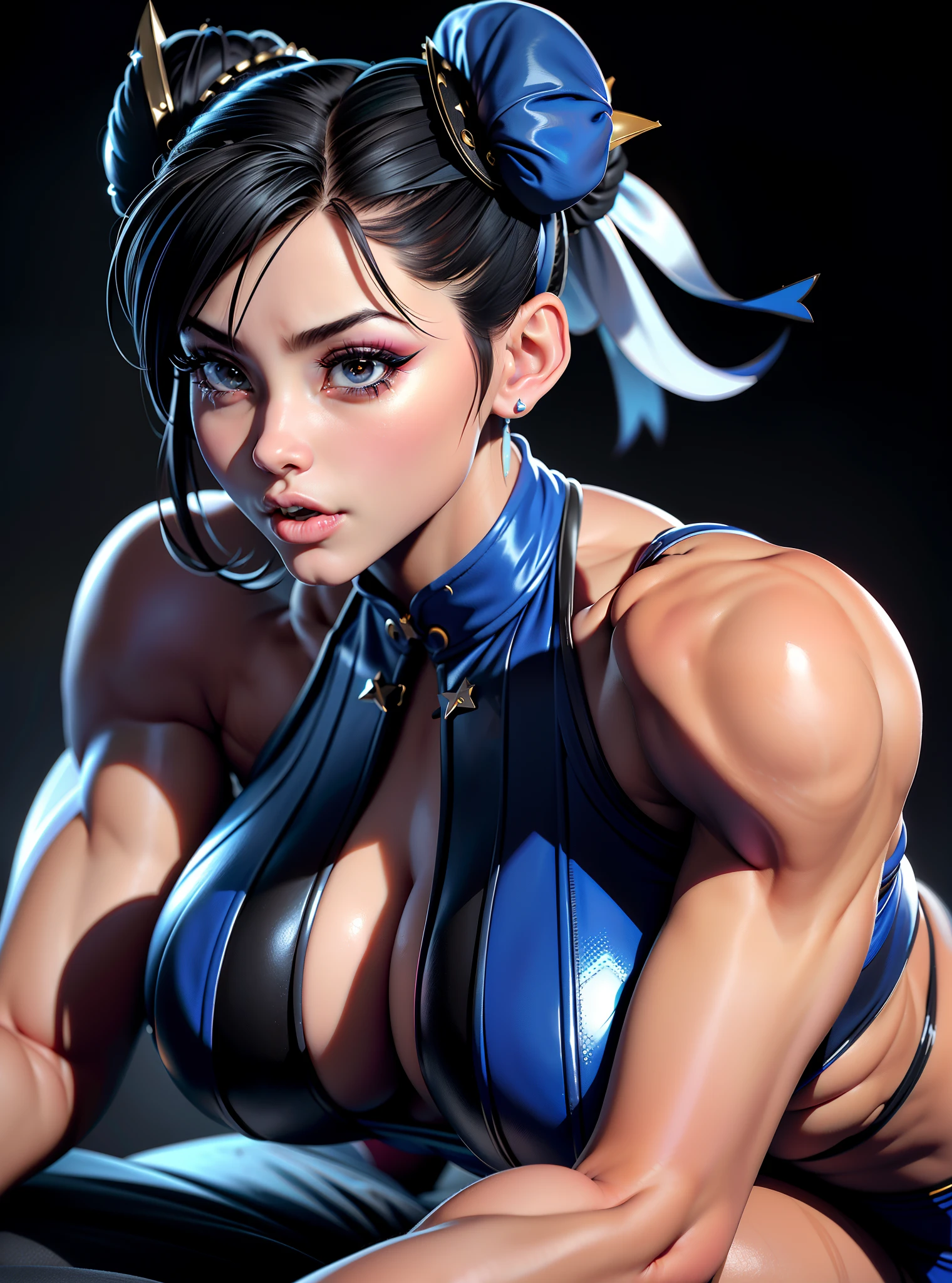 laying on the ground unconscious, torn clothes, ((Best quality)), ((Masterpiece)), ((Realistic)) and ultra-detailed photography of a girl with goth colors. Chun- li, vascular, ((Chun- li)), dressed in (small black micro-thong, black micro-bikini:Star motif ) , ((Beautiful and aesthetic)), muscular fit body abs, Sexy, under-, Hot, (Cream gradient background), gaping mouth, tears, giant tits, huge breasts