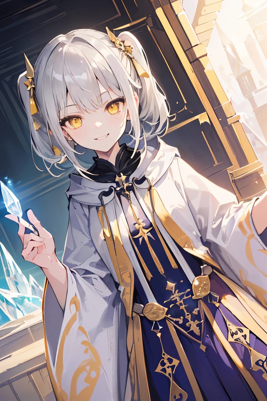 (((1girl))), ((best quality)), ((masterpiece)), ((ultra-detailed)), (illustration), (detailed light), (an extremely delicate and beautiful), (beautiful detailed eyes), (sunlight), ((extremely light)),  ((extremely clothes)), (((hyper detail))),(((((front lighting))))),(((((front light))))),

((((quite adorable Sorcerer's robe)))), (((sorcerer))),
, 

high twin pig tails, ((((white silver hair)))), 
(((yellow gold eyes))), 

(((whole body))),  8 to 1(condescending expression)), ((mischievous smile with sexual satisfaction)),  (((extra adorable))), (((extra slender shape))), 
(((extremely beautiful detailed face))),

(((using magic of ice bullets))), 
(((((Dutch angle))))),