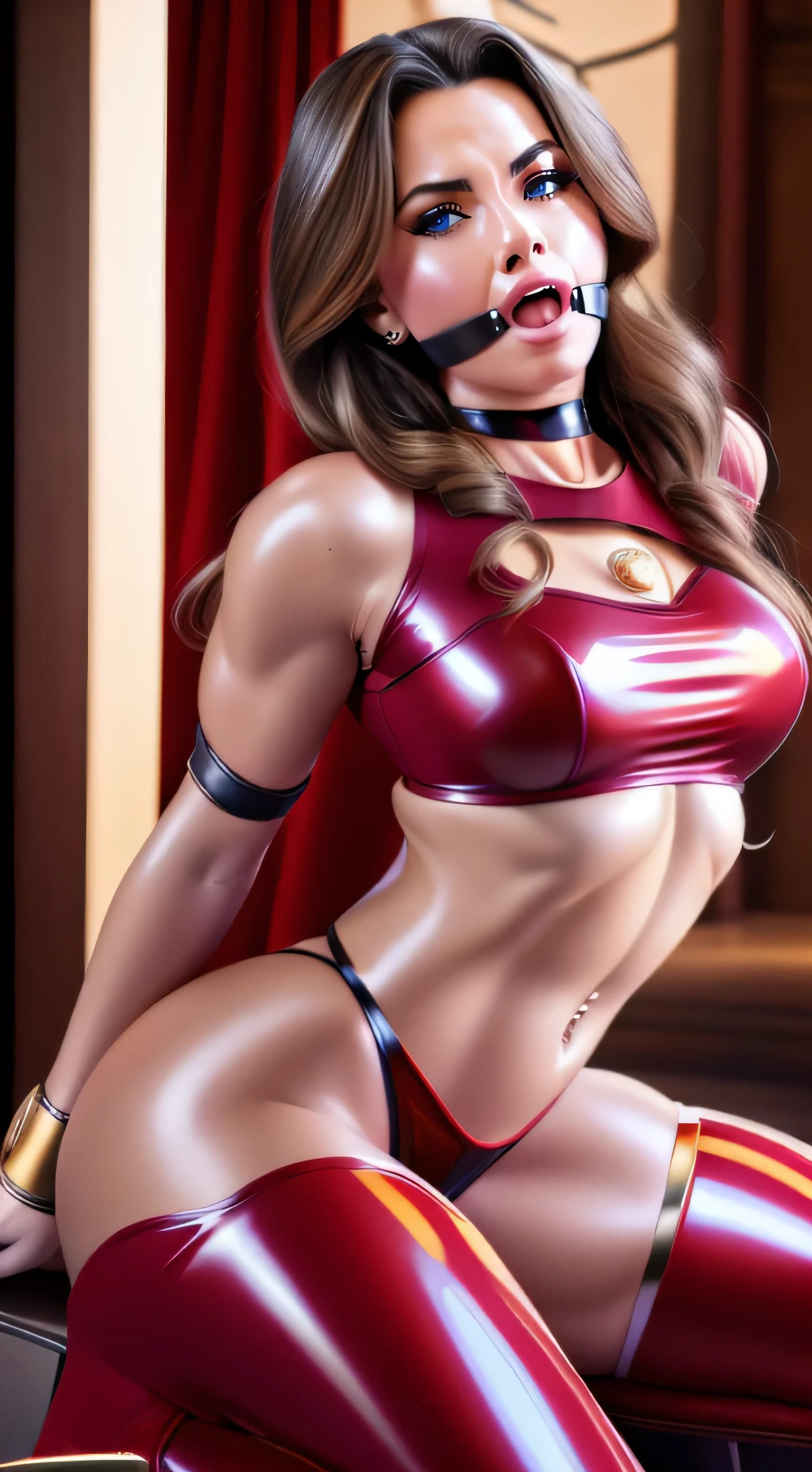 (Masterpiece, 4k resolution, ultra-realistic, very detailed) sexy beautiful bondage ballgag, bound and gagged izabela ion  as beautiful female superheroine ,, red sleeveless crop shirt, with a golden Star, midriff wears (a golden tiara with a red gem on forehead) , golden bracelets, long red boots, and small red shorts in the style of realism, glistening skin, , natural lighting,  sexy pinup 8k, bondage ballgag full body (dick riding)