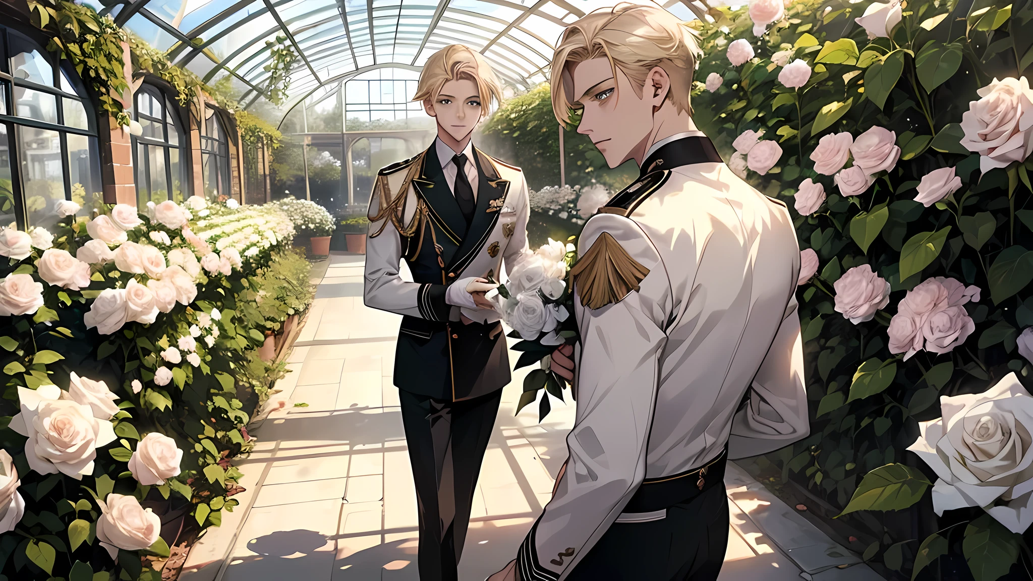 handsome young prince, short blonde hair with white strands, Green eyes, white officer's uniform, white rose, Crystal Rose, Masterpiece, hiquality, detailed face, in a greenhouse, holding rose bouquet, walking, looking back