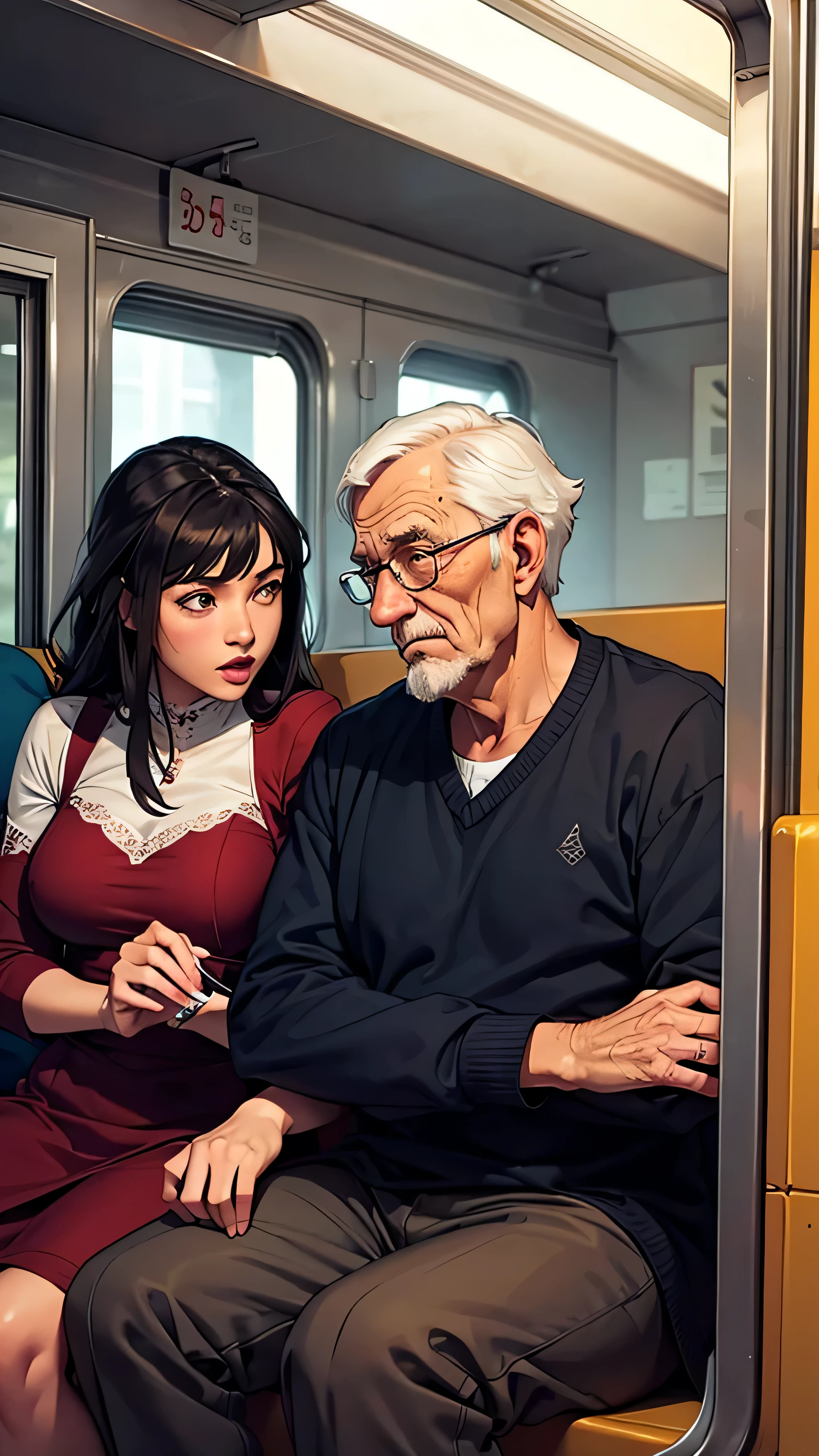 The couple suggests something and talking something serious to the old man, inside the train where they all are sitting