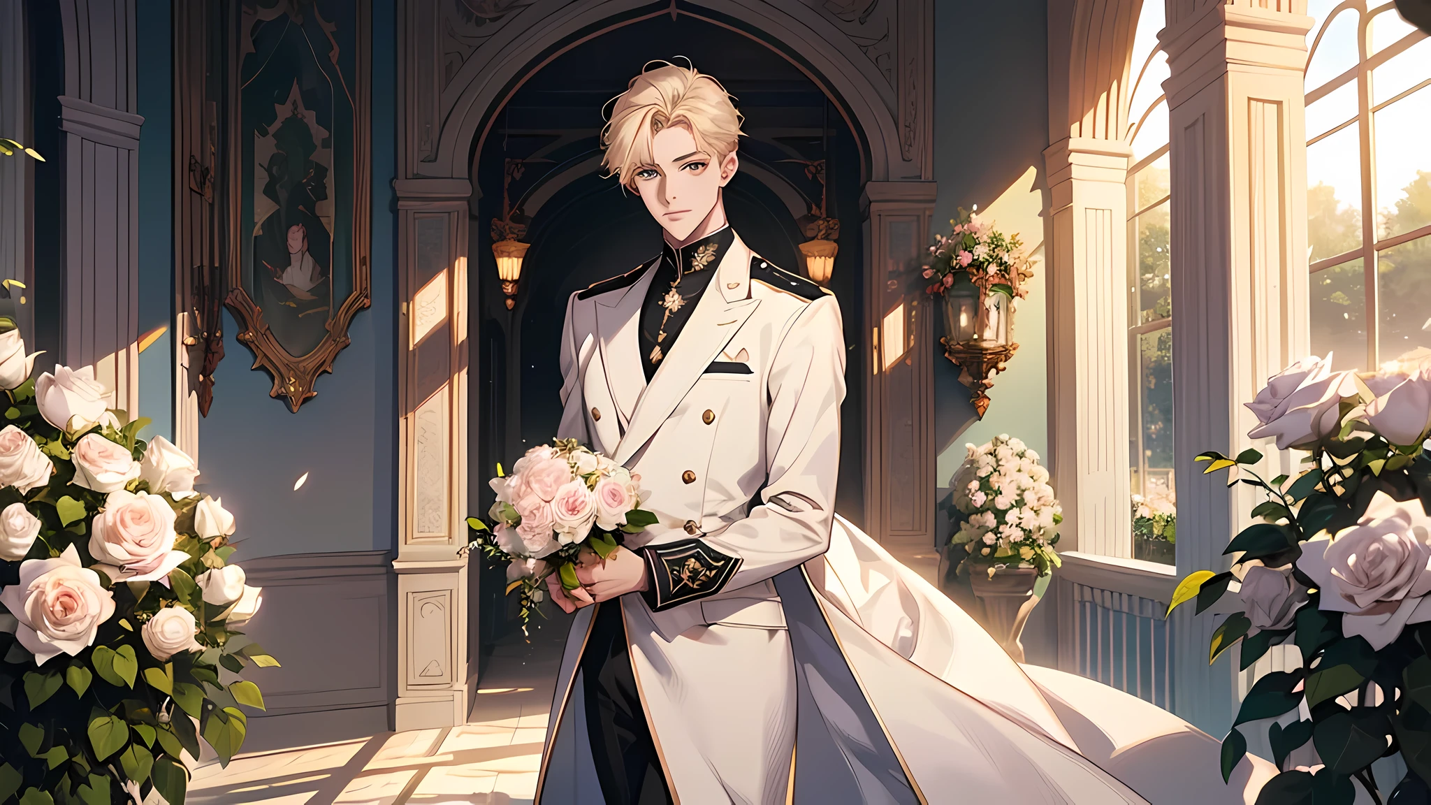 handsome young prince, short blonde hair with white strands, Green eyes, white officer's uniform, white rose, Crystal Rose, Masterpiece, hiquality, detailed face, in a greenhouse, holding rose bouquet, walking, looking back