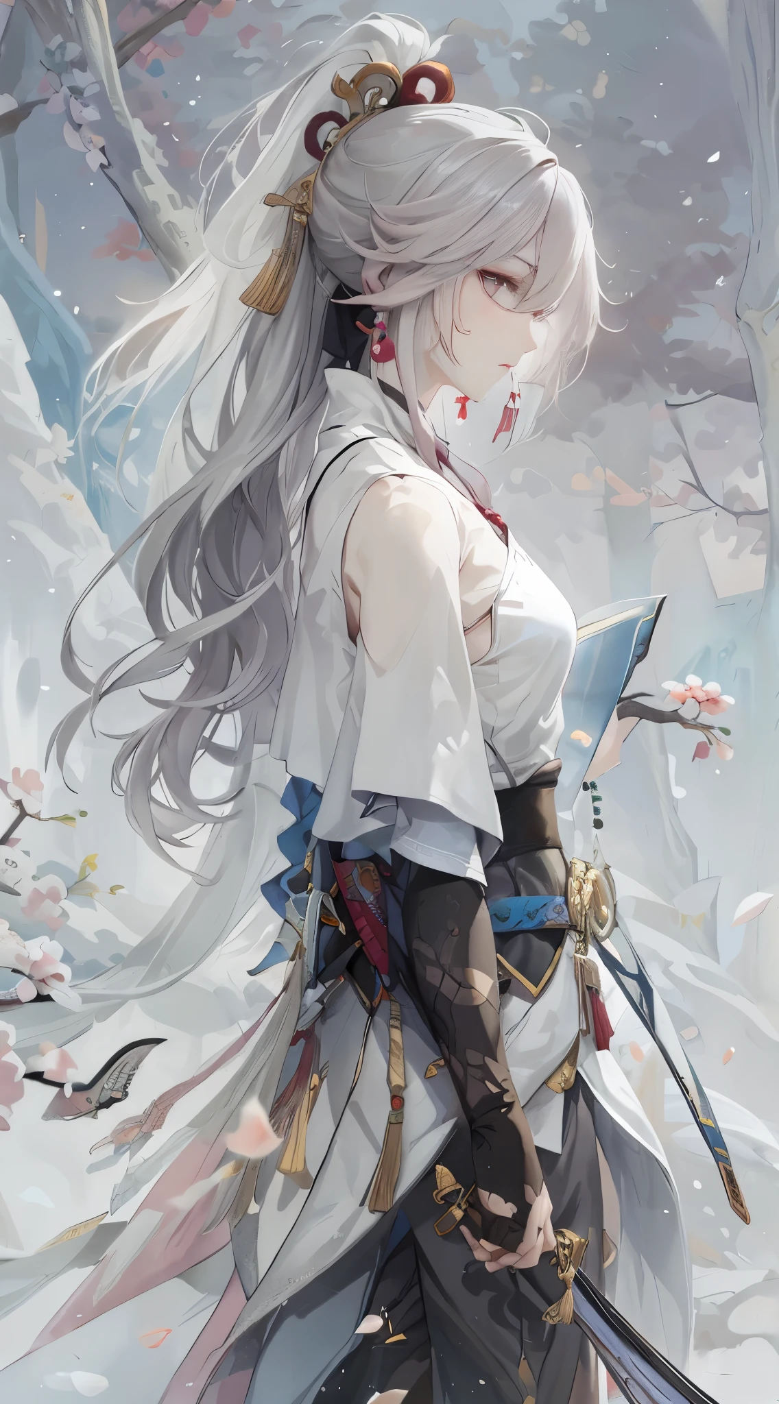 a close up of a woman with a sword in a white dress, a character portrait by Yang J, trending on cgsociety, fantasy art, beautiful character painting, artwork in the style of guweiz, guweiz, white hanfu, flowing white robes, full body wuxia, epic exquisite character art, stunning character art, beautiful female assassin,more details,