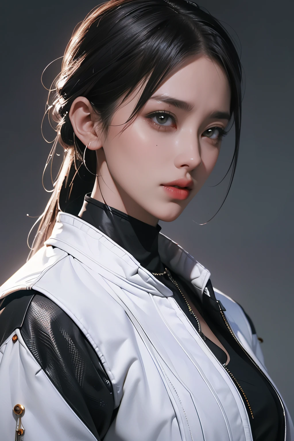 Game art，The best picture quality，Highest resolution，8K，(A bust photograph)，(Portrait)，(Head close-up:1.5)，(Rule of thirds)，Unreal Engine 5 rendering works， (The Girl of the Future)，(Female Warrior)， 22岁少女，(Female hackers)，(White and red gradient，Ancient Oriental hairstyle)，((The pupils of the red eyes:1.3))，(A beautiful eye full of detail)，(Big breasts)，(Eye shadow)，优雅迷人，冷漠，((Anger))，(Cyberpunk jacket full of futuristic look，Joint Armor，There are exquisite Chinese patterns on the clothes，A flash of jewellery)，赛博朋克人物，未来风格， 拍照姿势，城市背景，Movie lights，Ray tracing，Game CG，((3D Unreal Engine))，oc渲染反射纹