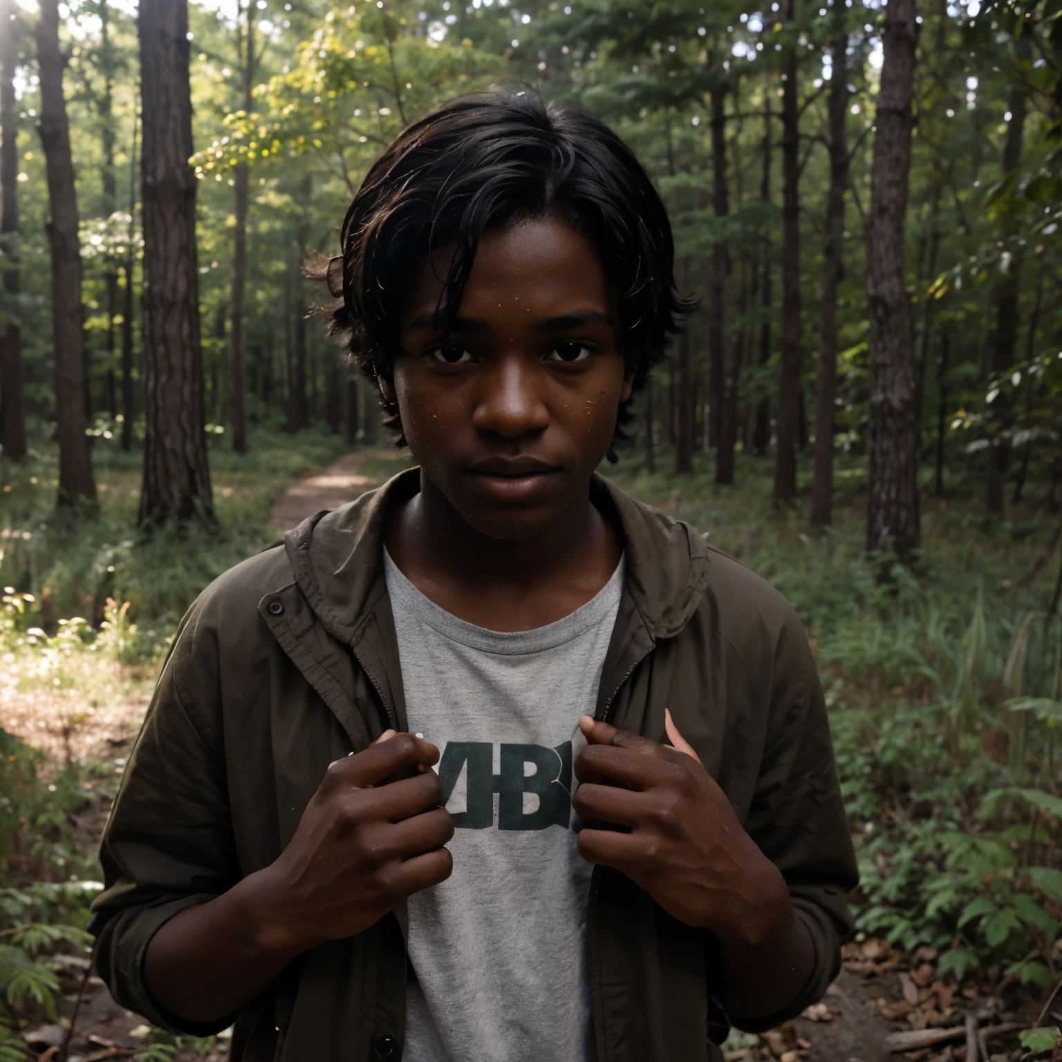 A dark-skinned age boy in the forest with dirty hands and face and old clothes
