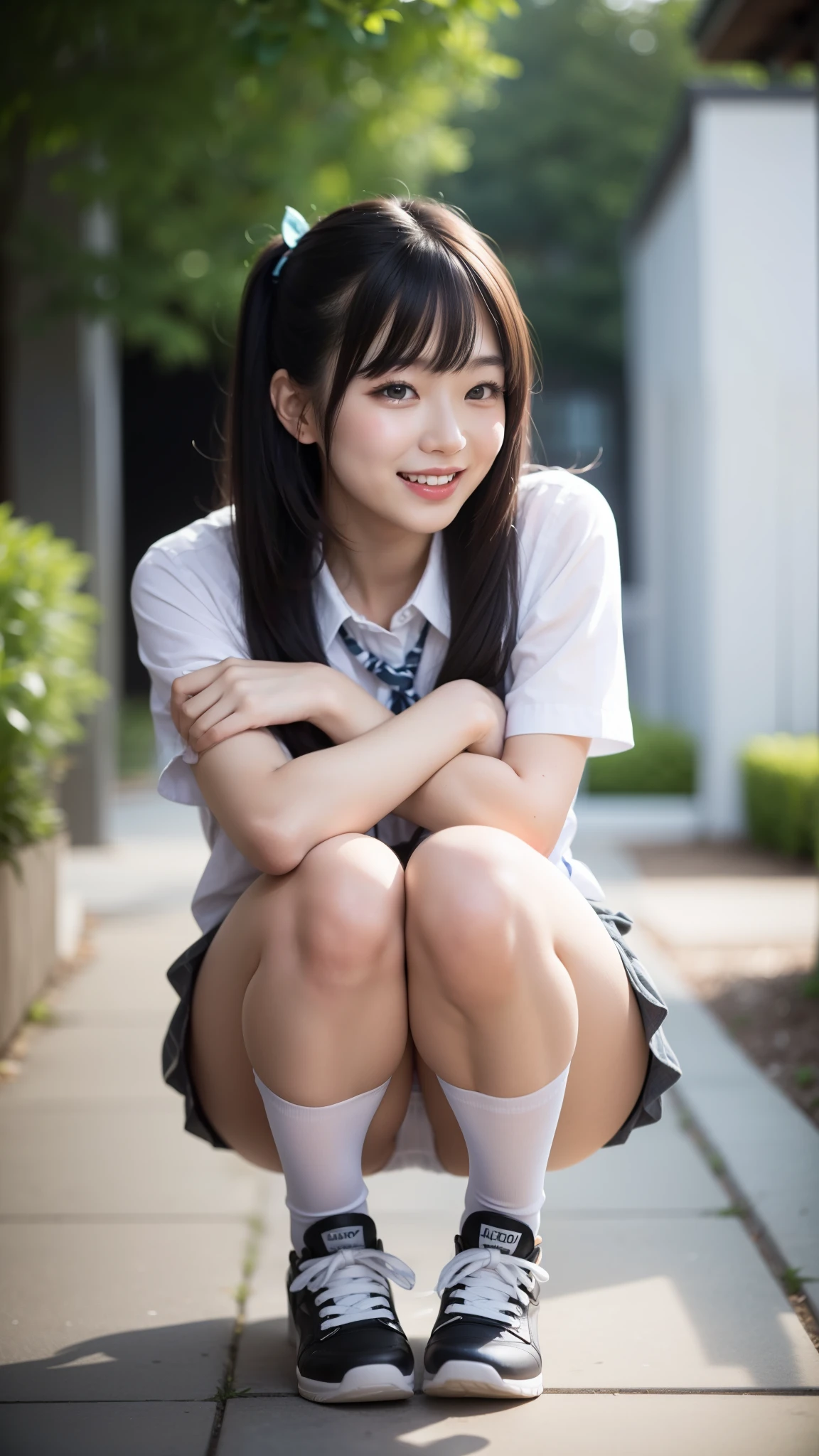 laughter、I can see white panties,Hairstyle is short cut and side waves,