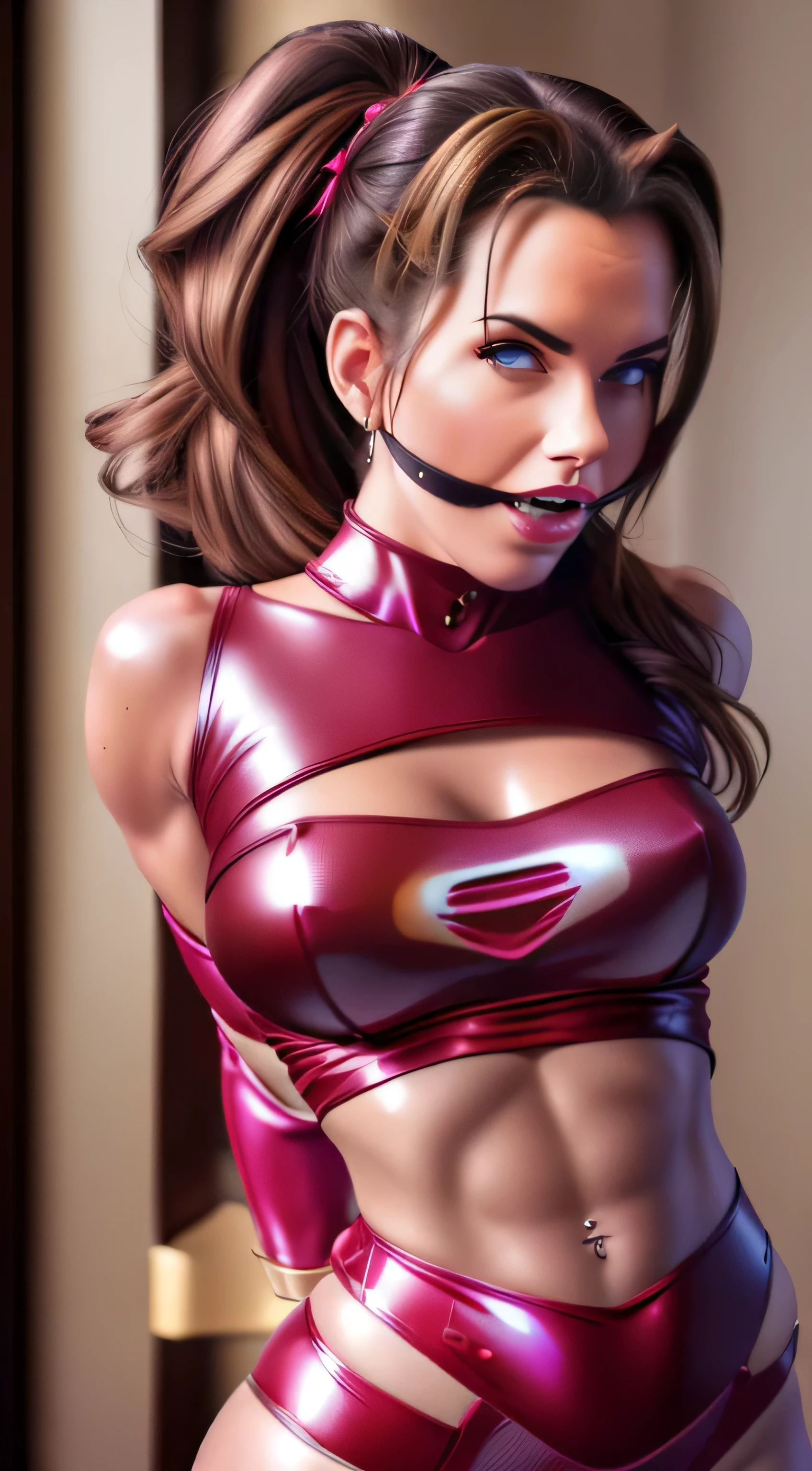 (Masterpiece, 4k resolution, ultra-realistic, very detailed) sexy beautiful bondage ballgag, bound and gagged izabela ion (ponytail) as beautiful female superheroine ,, red sleeveless crop shirt, with a golden Star, midriff wears (a golden tiara with a red gem on forehead) , golden bracelets, long red boots, and small red shorts in the style of realism, glistening skin, , natural lighting,  sexy pinup 8k, bondage ballgag full body (dick riding)