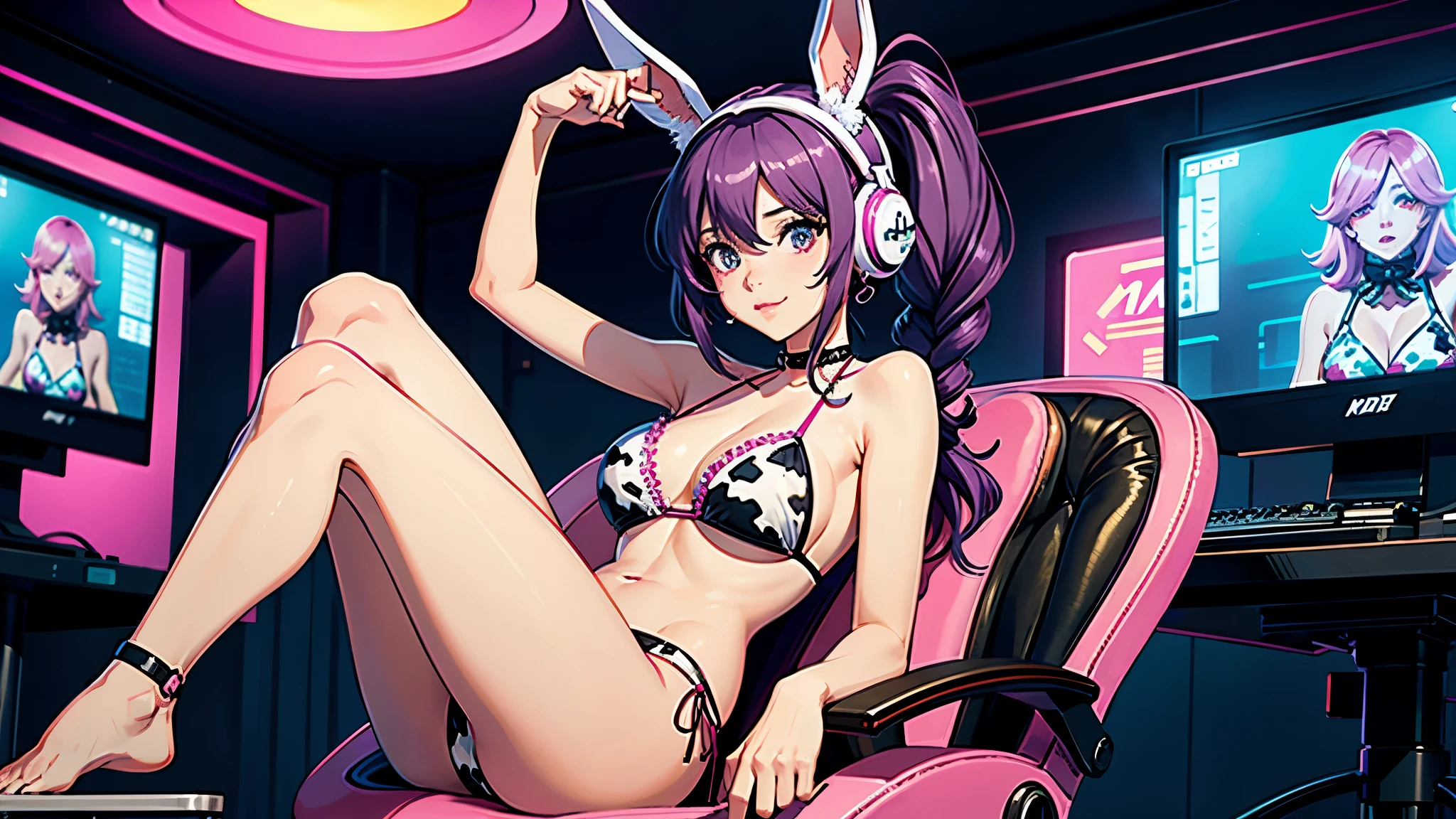 Araffe in a cow print full body bikini swimsuit and pink headphones sitting on a pink chair, y 2 k fofo clowncore, anime vibes streamer, fofo, fofo clowncore, Masuimi Max, e - garota, e-garota, using cybernetic bunny ears, Bela Delfina, inspirado em anime, cabelos curtos castanhos com mechas roxas, brown and purple hair wearing headphones pink gamer scene, scenery with pink computer