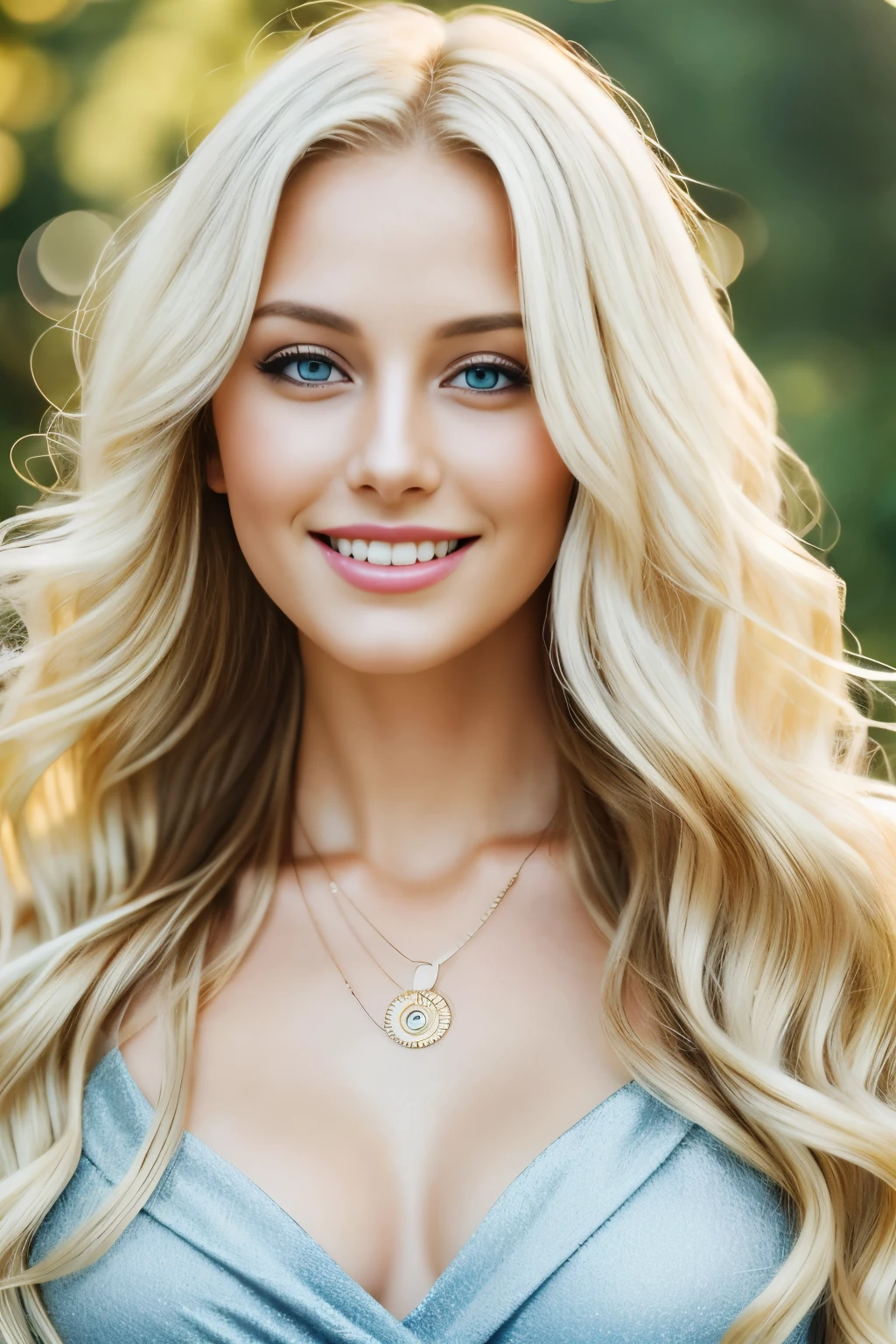 Blonde beauty with long, silky, golden locks shines in the frame, her hair cascading down in soft waves. Her blue eyes, full of life and expression, capture the viewer's attention. The image is taken with a high-quality camera, using a 24mm lens and a low depth of field, creating a bokeh effect that accentuates her beautiful features. Her smile is radiant, and her skin glows with a natural, healthy glow. Her outfit is a beautiful white blouse, with a delicate neckline that shows a hint of cleavage. She accessorizes with a delicate necklace and her hair is styled in loose curls that drape over one shoulder.