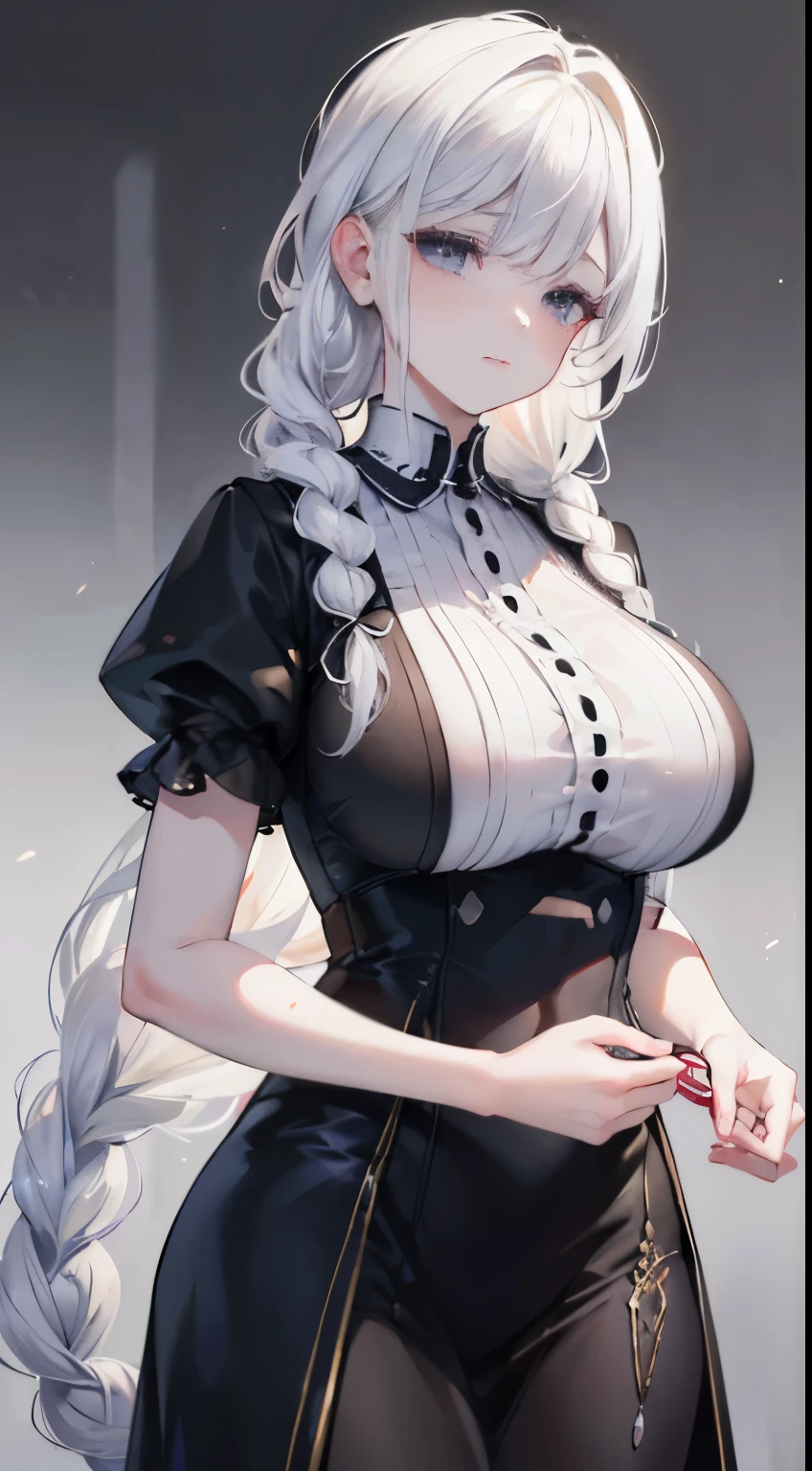 White hair girl,half braided,black eyes,big breast,black propler formal dress,holding a wine,(best quality,4k,8k,highres,masterpiece:1.2),ultra-detailed,(realistic,photorealistic,photo-realistic:1.37),crisp focus,stunning lighting,traditional oil painting style,vibrant colors,soft pastel hues,hazy atmosphere