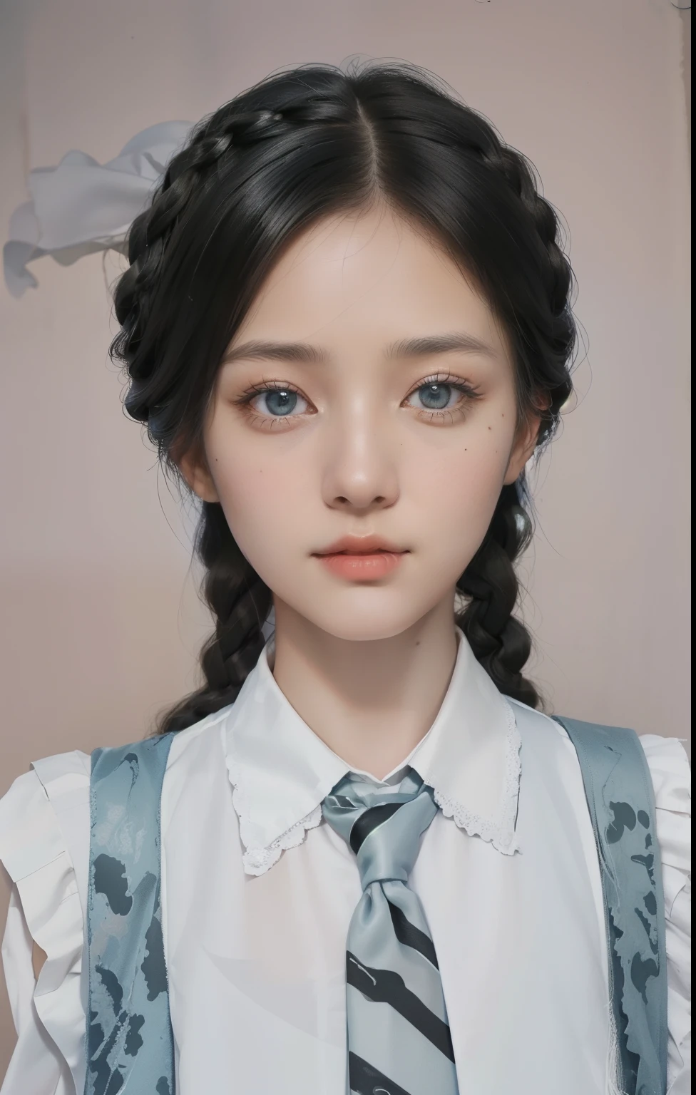 (best quality, masterpiece:1.2), Beautiful feminine boy with long silky black hair braided into pigtails with a strand of blonde hair, dark blue eyes, mole under left eye, half chinese half white, british, hogwarts 6th year student, slytherin vest and tie over white blouse, photorealistic, realistic, hyperrealistic, hyperdetailed