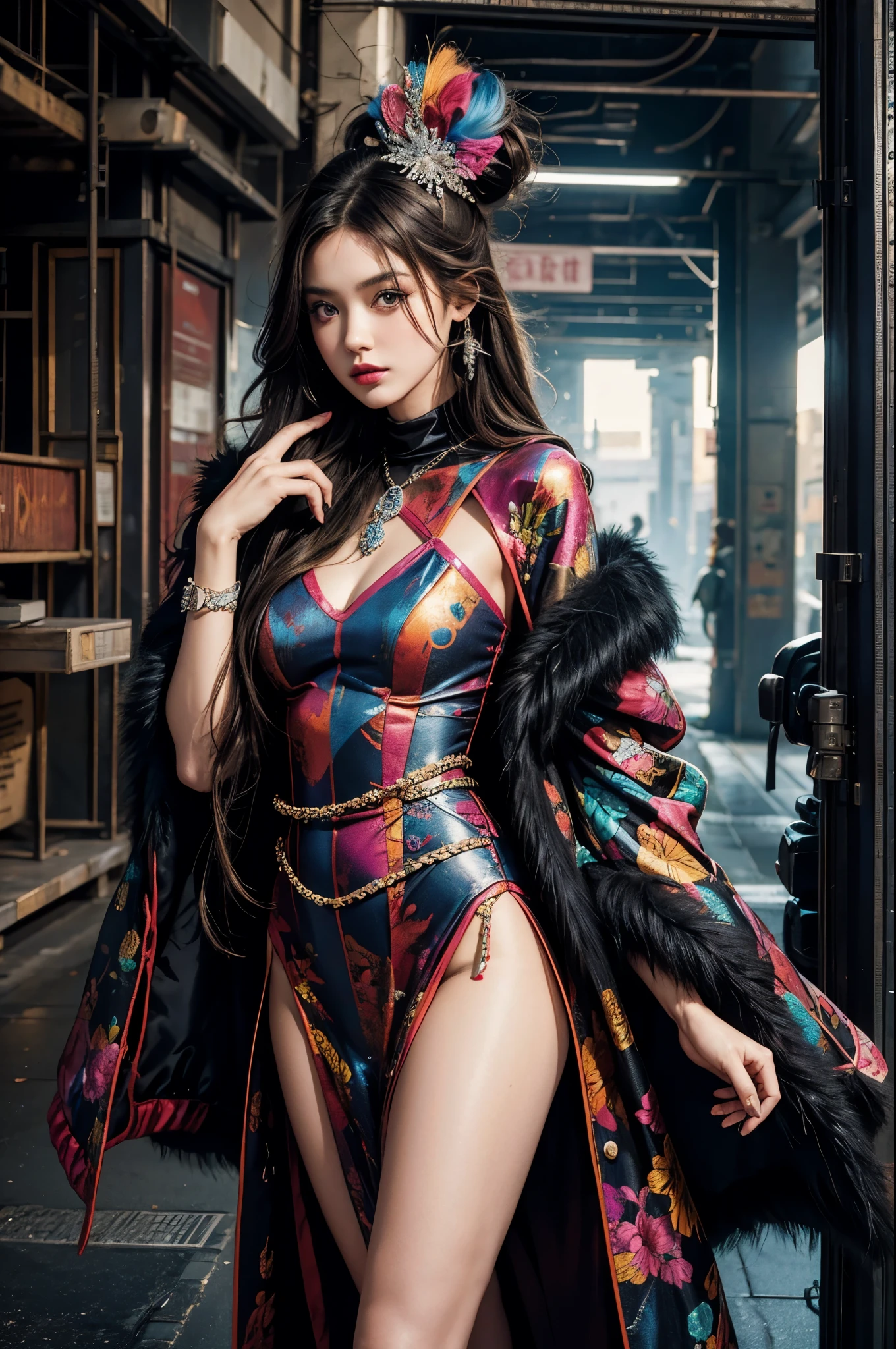 embedding:E-GM\E-Girls_Mansion_Blackee is a girl with normal hips in a colorful dress and fur coat posing for a picture looking at the viewer, wearing edgTM_style fashion, eccentric clothing, 16K, Award Winning, Best Quality, High Quality, Highres, Masterpiece, Super Detail, Photography Style, Photorealism Style, Hyperrealism Style, Hyper maximalist, Fashion Photography, Glamour Photography, embedding:Positive\epiCPhoto,