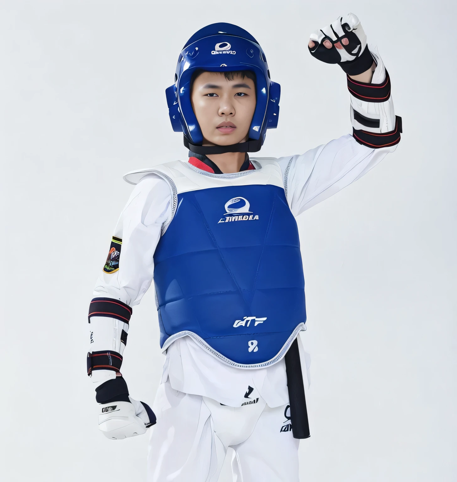 arafed man in a blue and white uniform holding a baseball bat, joongwon jeong, joongwon charles jeong, jung gi kim, chest guard, jeongseok lee, jinyiwei, wenjun lin, wei wang, qifeng lin, wenfei ye, lei min, wearing knee and elbow pads, xintong chen, qiu fang, nanquan