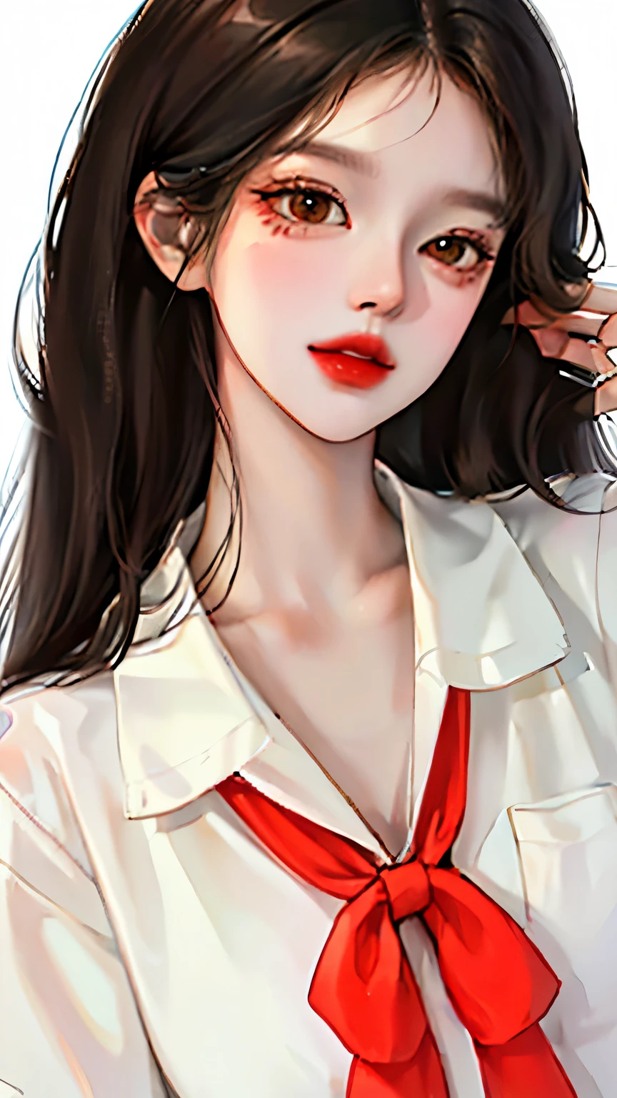 (highest resolution, clear_image) best quality, woman, masterpiece, very detailed, (semi-realistic), long black hair, long straight hair, Black hair bangs, mature, Cherry glossy lips, white background, close-up portrait, three-dimensional circle eyes, , beautiful face, fit the body, brown eyes, wear korean uniform, high school student, wearing gems