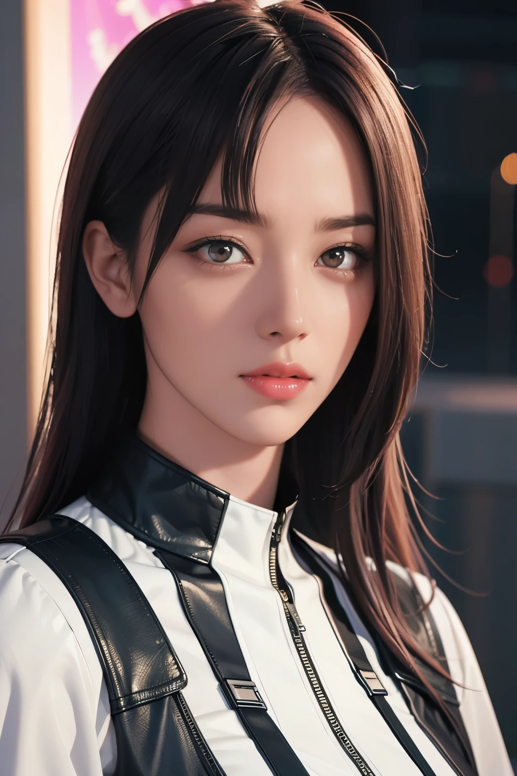 Game art，The best picture quality，Highest resolution，8K，(A bust photograph)，(Portrait)，(Head close-up:1.5)，(Rule of thirds)，Unreal Engine 5 rendering works， (The Girl of the Future)，(Female Warrior)， 22岁少女，(Female hackers)，(White and red gradient，Ancient Oriental hairstyle)，((The pupils of the red eyes:1.3))，(A beautiful eye full of detail)，(Big breasts)，(Eye shadow)，优雅迷人，冷漠，((Anger))，(Cyberpunk jacket full of futuristic look，Joint Armor，There are exquisite Chinese patterns on the clothes，A flash of jewellery)，赛博朋克人物，未来风格， 拍照姿势，城市背景，Movie lights，Ray tracing，Game CG，((3D Unreal Engine))，oc渲染反射纹