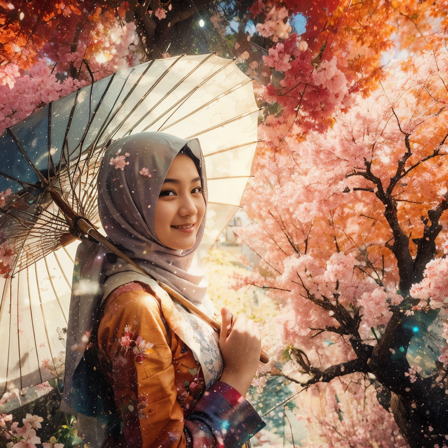 Alcohol ink splash style, Asian Muslim woman is dancing while holding an umbrella, face facing the camera with a smiling face. cherry blossom garden background with shatering universe style, colorful springs. Long short angle, Ultra HD 8k, Hyper-Realistic face, high resolution