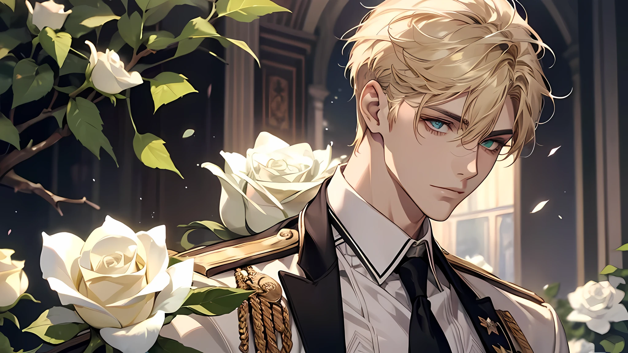 handsome young prince, short blonde hair with white strands, Green eyes, white officer's uniform, white rose, Crystal Rose, Masterpiece, hiquality, detailed face, respected, calm face