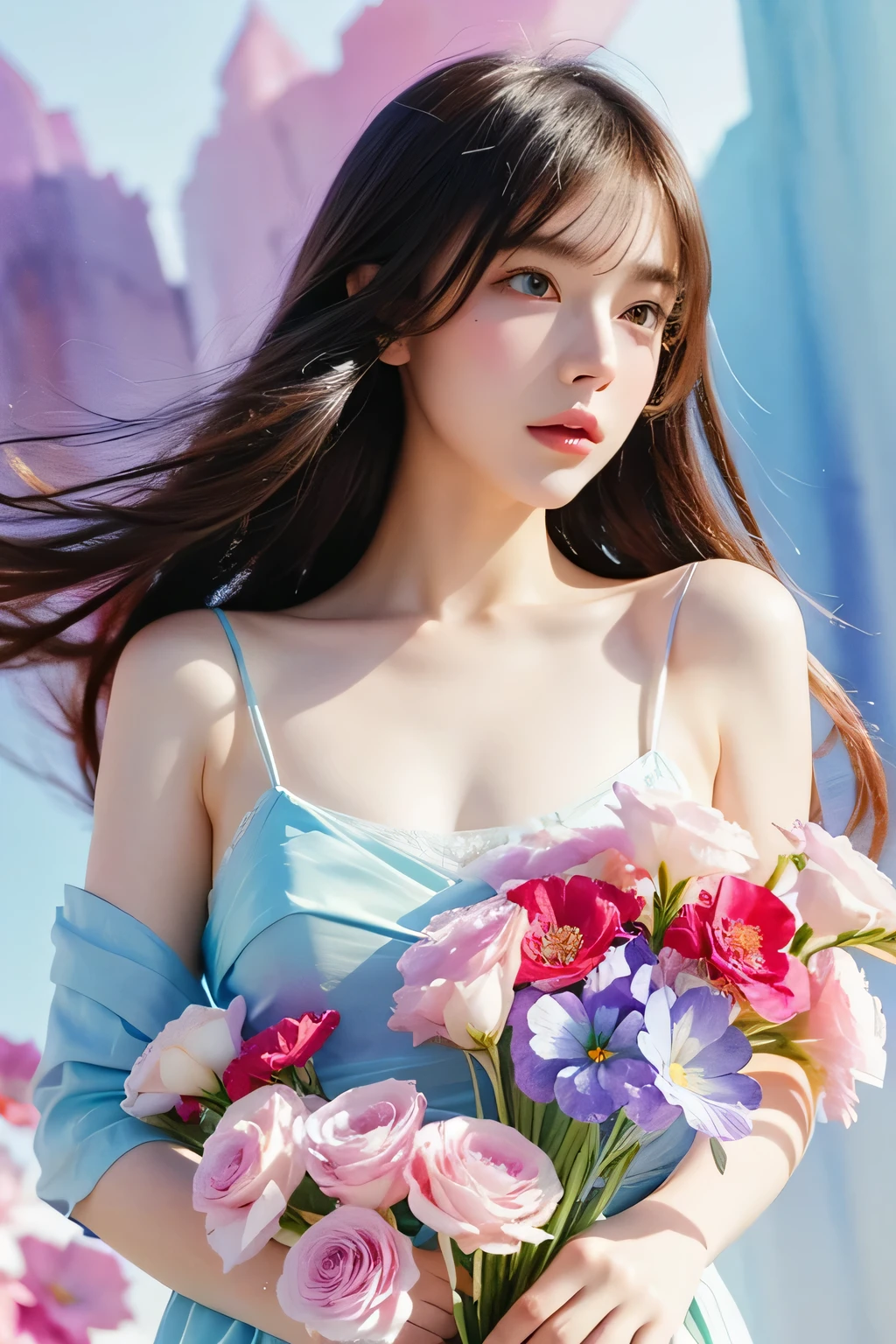 femele, Solo, Upper body, Silk dress, florals畑, florals, Wind blowing through, Flowing hair ,Dynamic Angle, (floating colorful sparkles:1.1) , Elegant, Ultra-detailed face, Detailed eyes, Shiny skin, Lustrous lips ,(Official art, Unity 8k壁纸, ultra-detailliert, Beautiful and aesthetic, masutepiece ,Best Quality:1.Phototriaritic:1.3),Natural smile