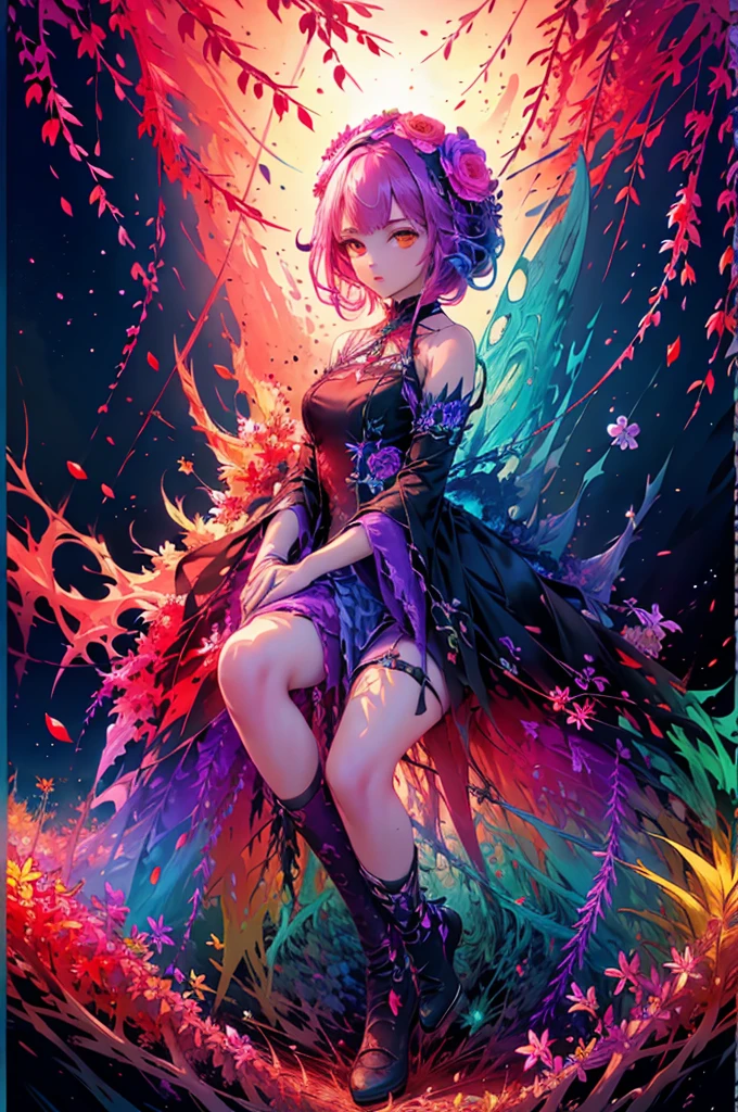 masterpiece, top quality, Best quality, Official art, beautiful and aesthetically pleasing:1.2), (1 girl:1.3), extremely detailed,(fractal art:1.1),(Colorful:1.1)(flowers:1.3),as detailed as possible,(confuse:1.2), whole body, (Abstract background:1.3), (shiny skin), (many colors:1.4), anime illustration based on Russian folk tales, Beautiful girl, for adults