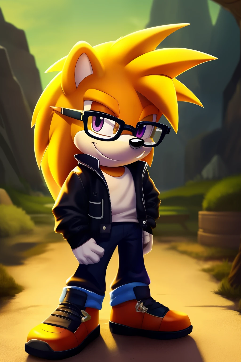 Cool Orange porcupine with long spines wearing a jacket with glasses on his head. smirking