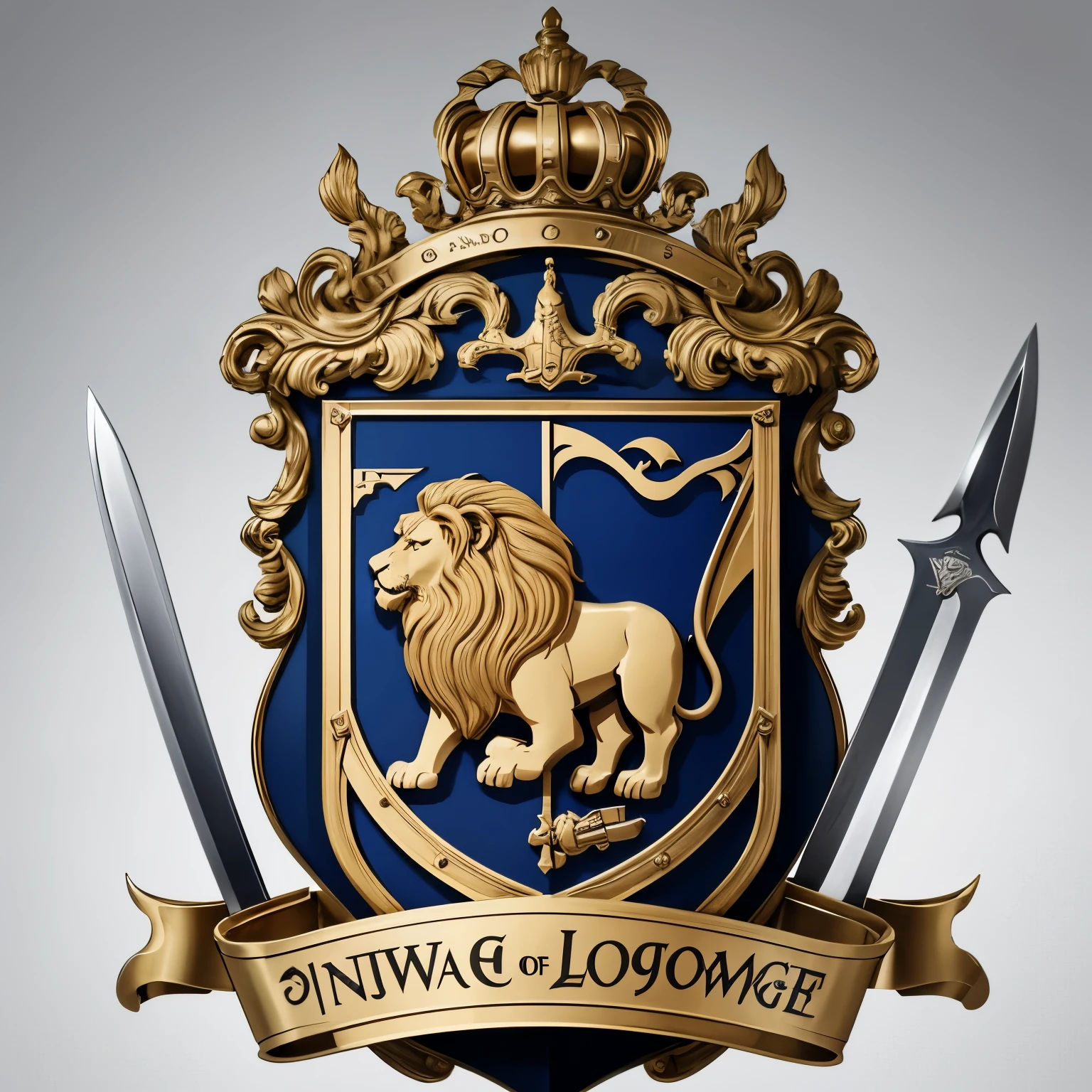 brand logo with simple design, elegance and sofistication, including a coat of arms, a ruge lion and swords. Sharp, using a maximum of 3 colors, with no background and no names writed.