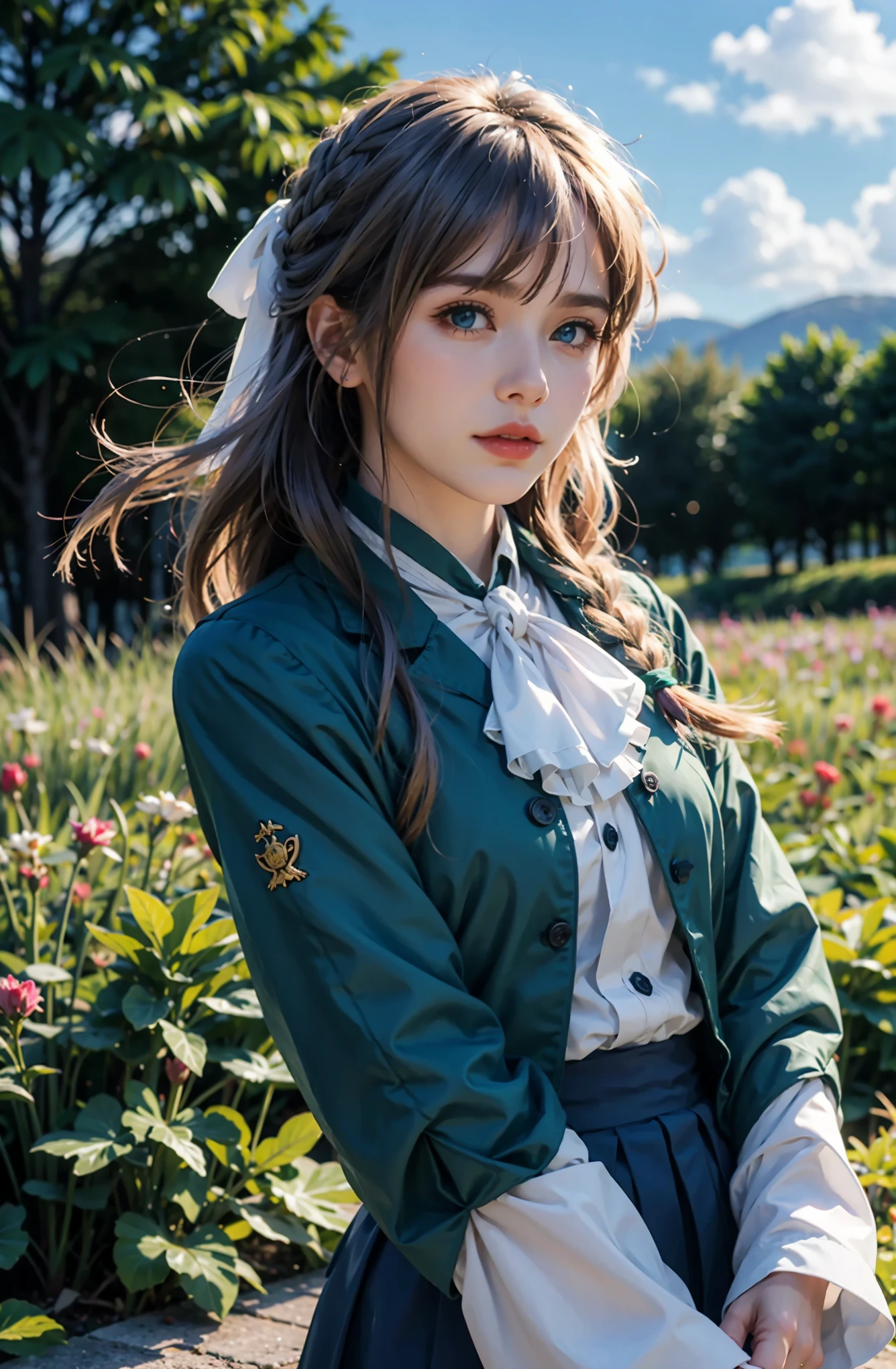purple, 1 girl, alone, looking at the audience, blue eyes, blonde hair, ribbon, hair between eyes, Green gemstones, close your mouth, jacket, hair ribbon, Upper body, braid, outdoor, Sky空, Sky, cloud, red ribbon, blue Sky空, ascot, hair intake, blue jacket, brooch, white ascot, masterpiece ,Ultra HD quality