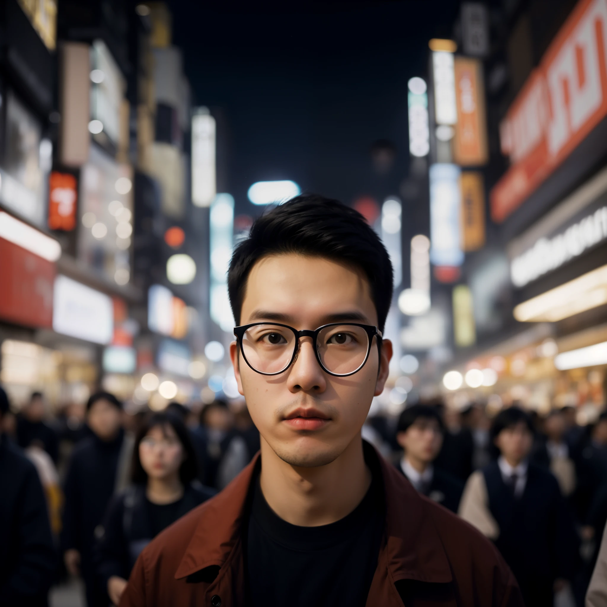 there is a man with glasses standing in a crowded city street, wide - angle portrait, wideangle portrait, wide angle dynamic portrait, portrait of a japanese , south korean male, mid shot portrait, standing in a city center, human staring blankly ahead, in a tokyo street, detailed unblurred face, man with glasses, wearing small round glasses