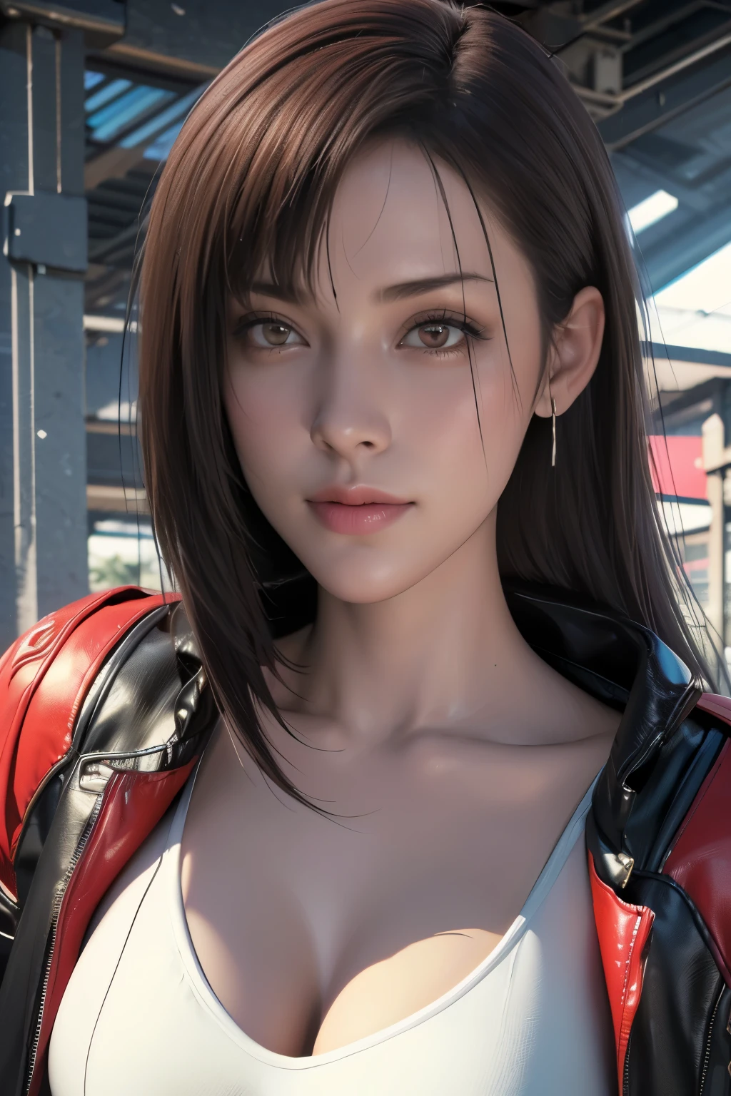 Game art，The best picture quality，Highest resolution，8K，(A bust photograph)，(Portrait)，(Head close-up:1.5)，(Rule of thirds)，Unreal Engine 5 rendering works， (The Girl of the Future)，(Female Warrior)， 22岁少女，(Female hackers)，(White and red gradient，Ancient Oriental hairstyle)，((The pupils of the red eyes:1.3))，(A beautiful eye full of detail)，(Big breasts)，(Eye shadow)，优雅迷人，冷漠，((Anger))，(Cyberpunk jacket full of futuristic look，Joint Armor，There are exquisite Chinese patterns on the clothes，A flash of jewellery)，赛博朋克人物，未来风格， 拍照姿势，城市背景，Movie lights，Ray tracing，Game CG，((3D Unreal Engine))，oc渲染反射纹