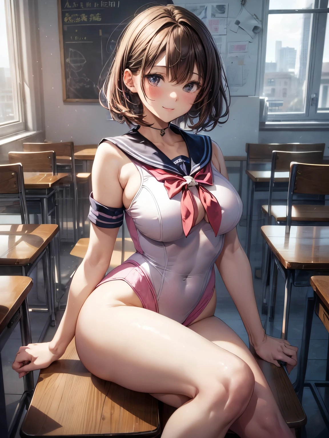 highest quality、all limbs、Refers to the whole、((one beautiful woman、alone))、((brown haired woman:1.3))、short hair、big breasted woman、(((sailor style pink leotard:1.2)))、big smile、high socks、school classroom、The light of the setting sun is shining into the classroom、(((combat readiness)))、Stand with your legs shoulder-width apart