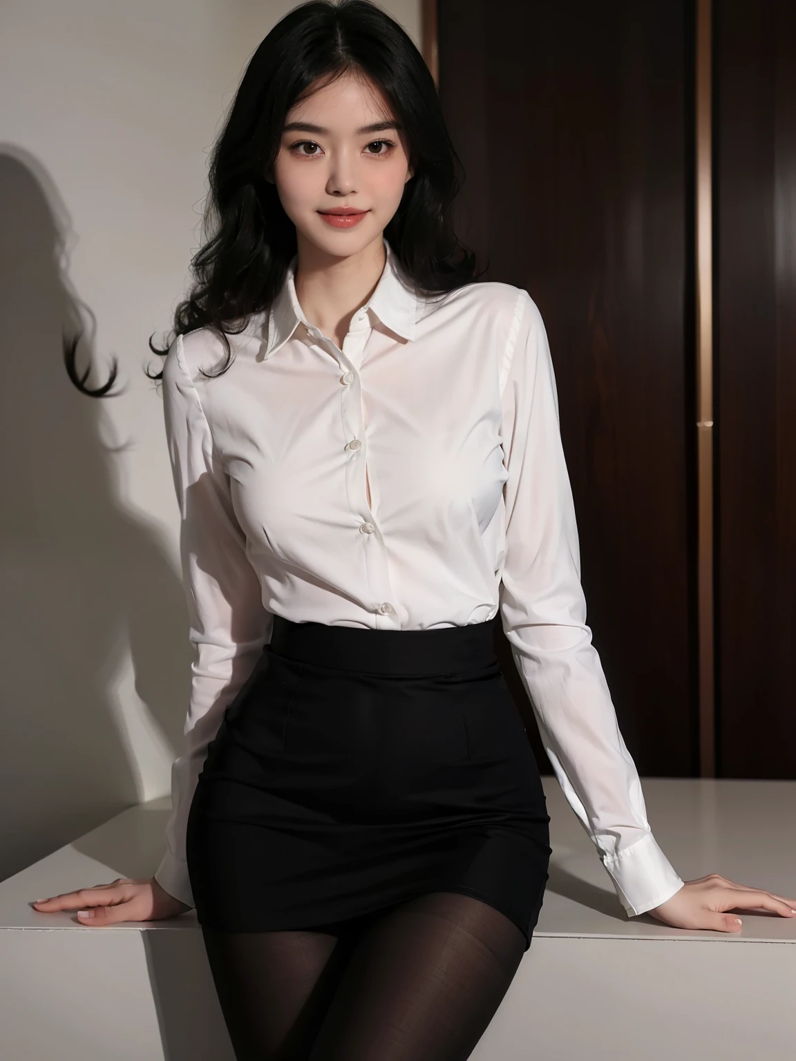 (anatomically correct:1.5),(best quality:1.5), full body portrait, (delicate face:1.1), (pretty face:1.1), slim figure, office lady,Office wear,black coat,Collared white shirt,,long black hair,(curls:1.2),(long legs:1.05),(black_pantyhose:1.2),Lovely,(Smile:0.8),(blush:1.1)