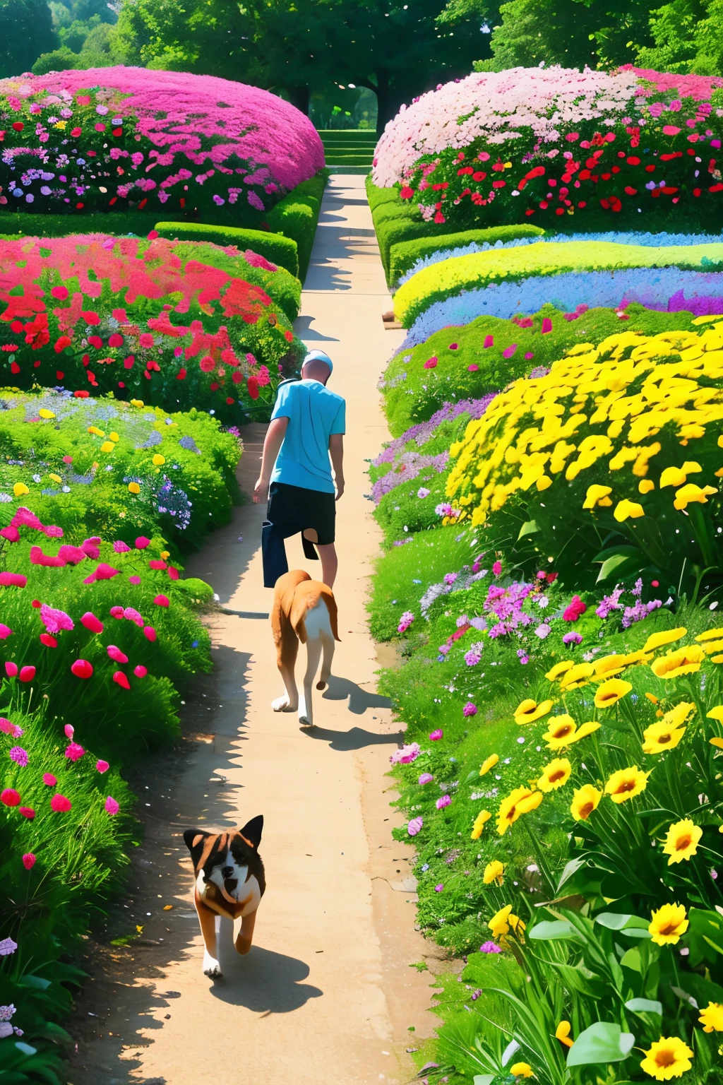 my son wife dog cat and me walk inthe flower garden happily .64k resolution