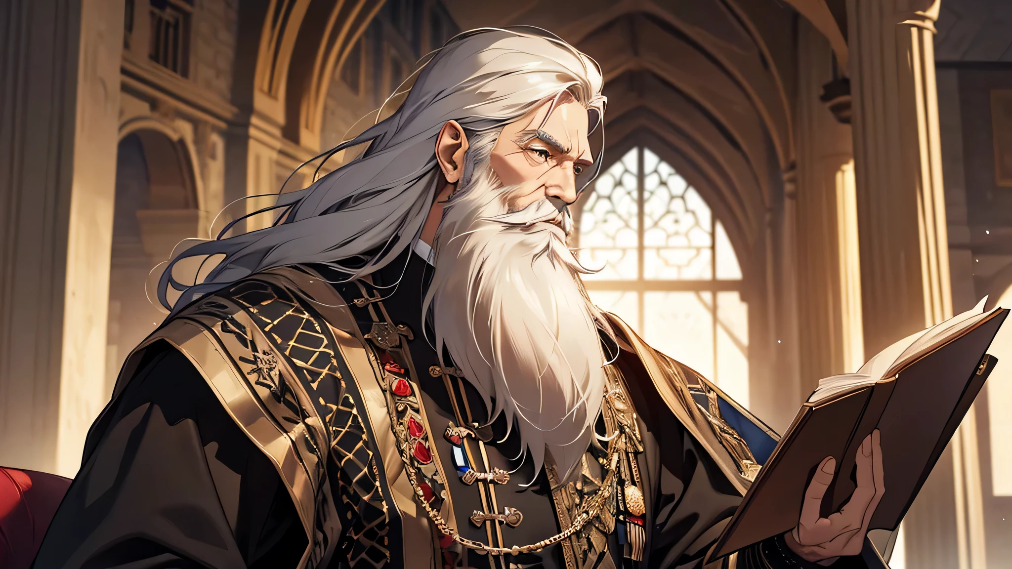 Produce an image featuring a sophisticated, mature man with a long beard, captured from a right side view, sitting, medieval times, royal army, respected man