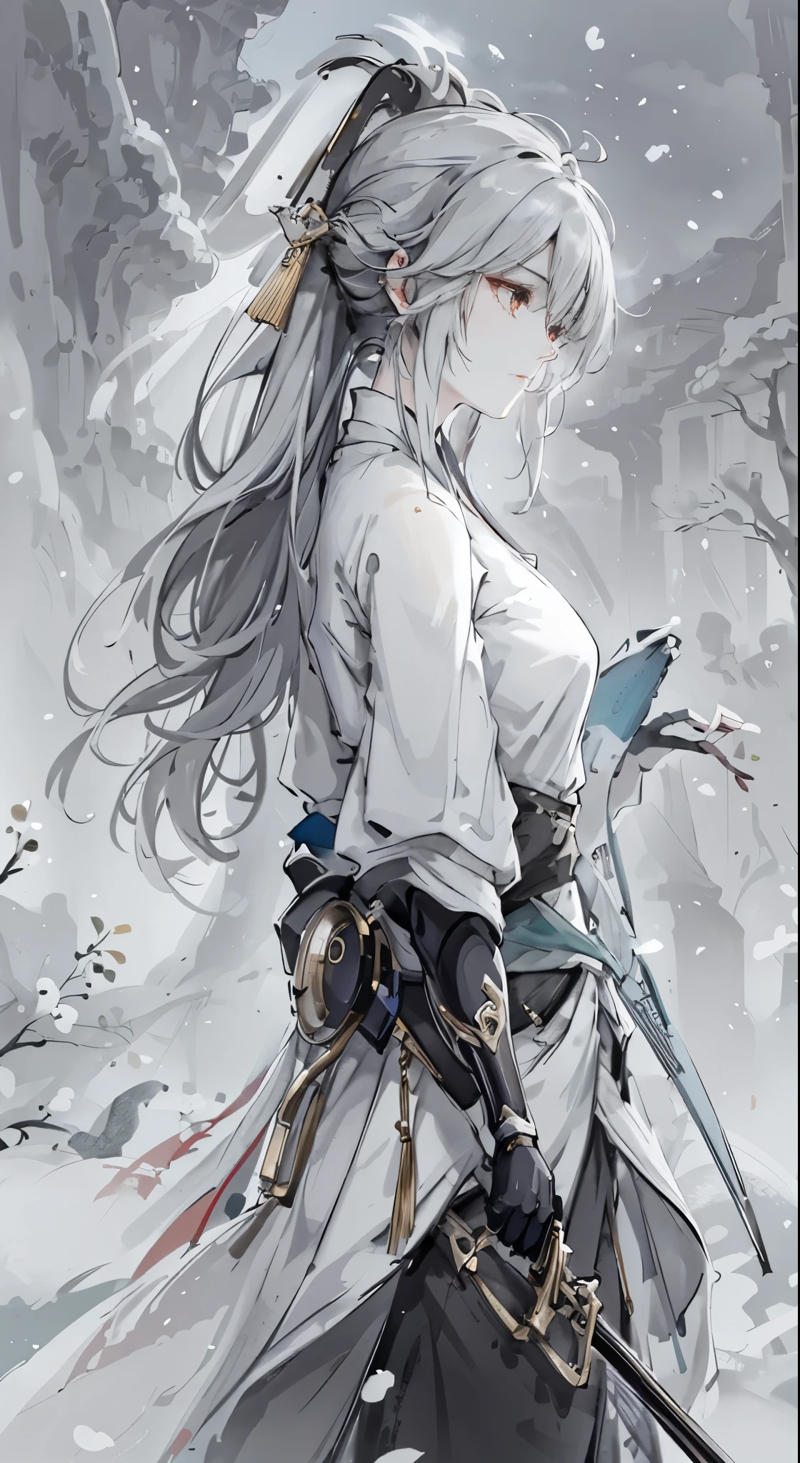 a close up of a woman with a sword in a white dress, a character portrait by Yang J, trending on cgsociety, fantasy art, beautiful character painting, artwork in the style of guweiz, guweiz, white hanfu, flowing white robes, full body wuxia, epic exquisite character art, stunning character art, beautiful female assassin，more details,