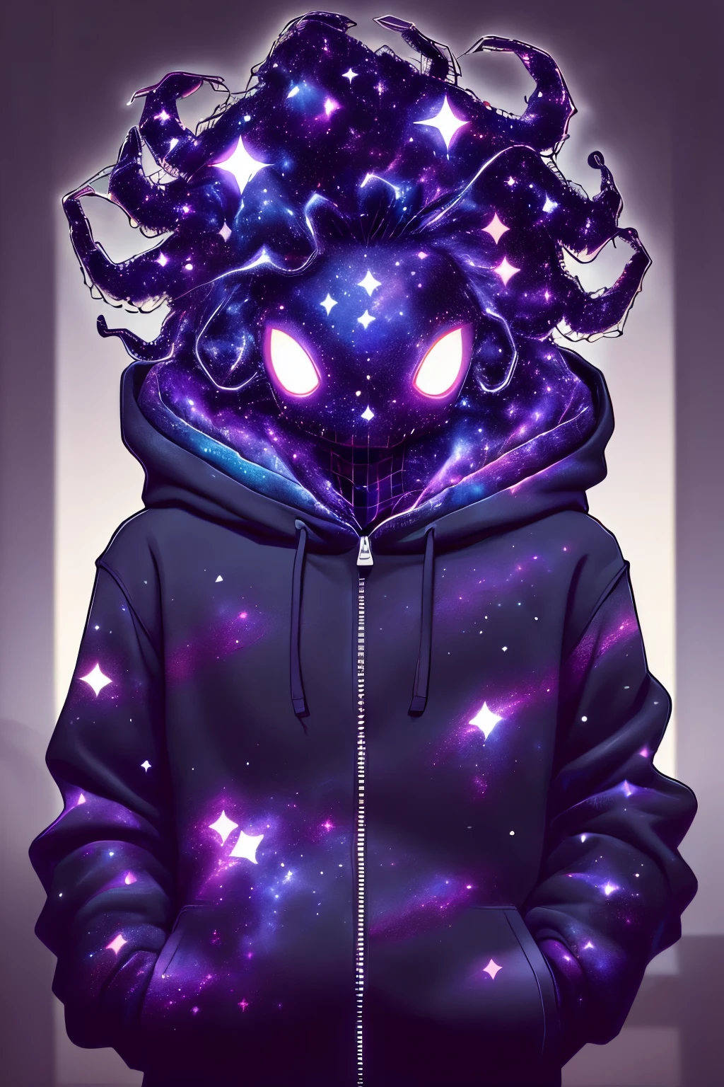 dark celestialskin body, void cosmic body, colored skin, spiderman eyes, flat color, jet black skin, silhouette,1boy, hair pushed up, jacket, unzipped hoodie