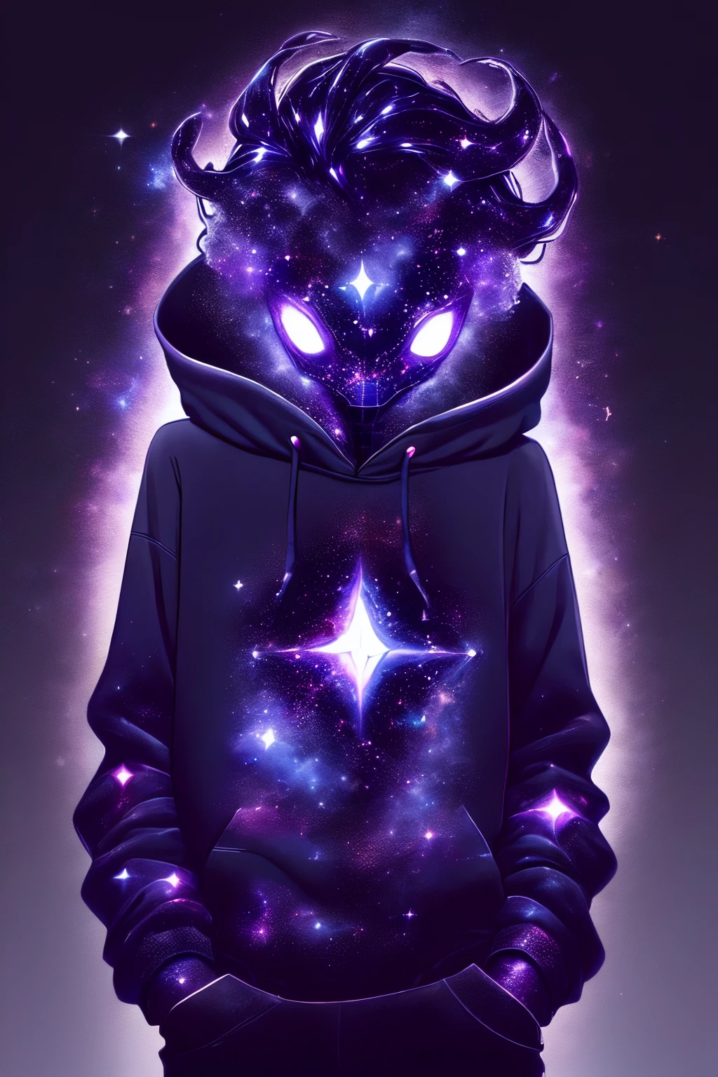 dark celestialskin body, void cosmic body, colored skin, spiderman eyes, flat color, jet black skin, silhouette,1boy, hair pushed up, jacket, unzipped hoodie