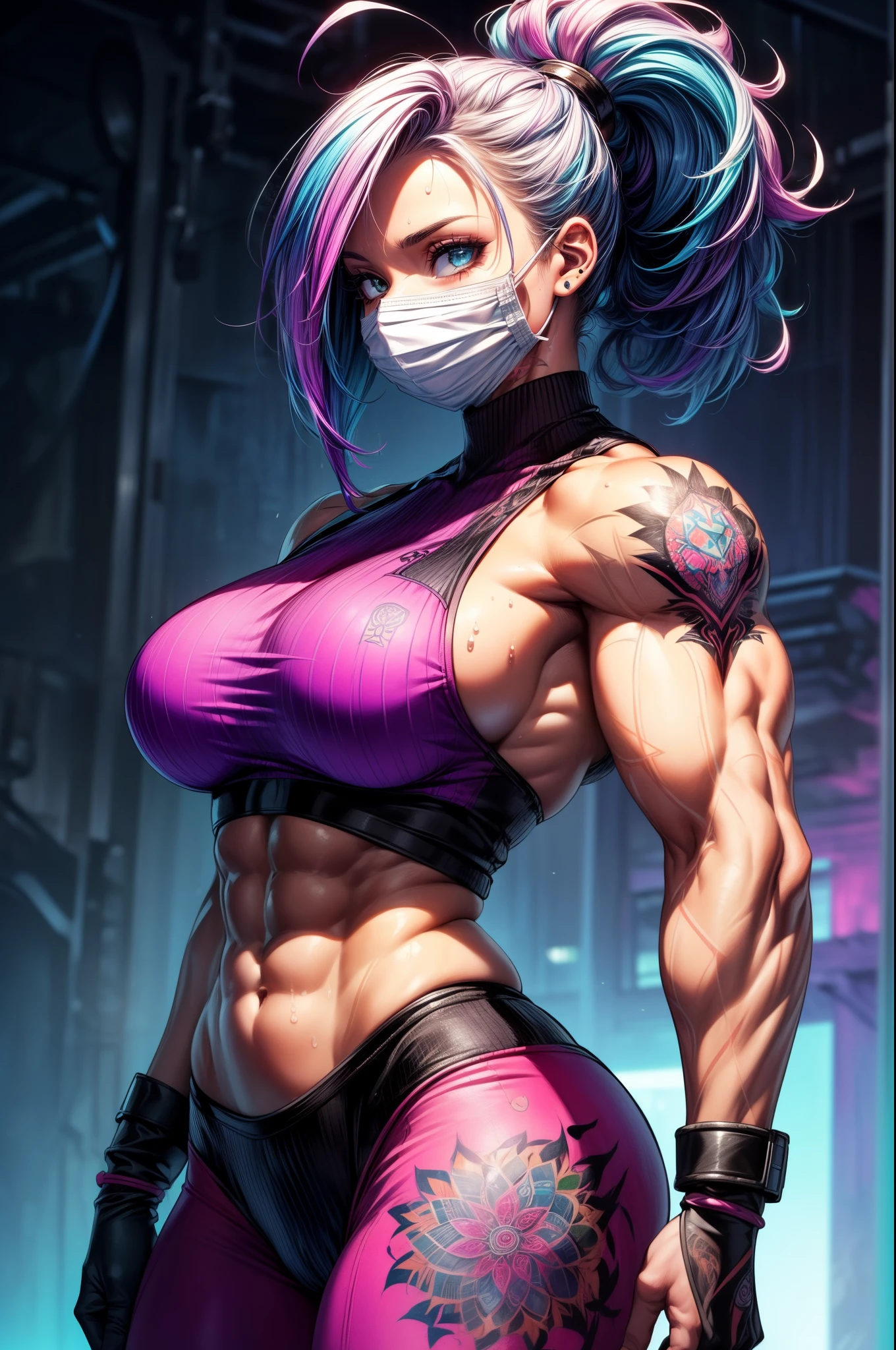 high contrast, (8K UHD:1.2), (photorealistic:1.2),(masterpiece:1.4), (best quality:1.4),extremely detailed wallpaper, highly detailed illustrations, ((1 Girl)) , (super-complex details) official art, unity 8k wallpaper, ultra detailed, beautiful and aesthetic, masterpiece, best quality, (zentangle, mandala, tangle, entangle), (fractal art:1.3) , masterpiece, , intricate detail,((tattoes:1)),((bulking)),covered body, armor medieval,upper body,(body builder crazy muscle:1.6), Fighter, muscular,colorful dress,bob hair,busty,sexy,curvy,crazy abs, upper , from front angle, raised hand, armpit, looking into camera,sweating,wet,((sad eyes)),((tattoes:1.4)),((colorful outfit:1.5)),((unique outfit:1.5))((mouth mask))